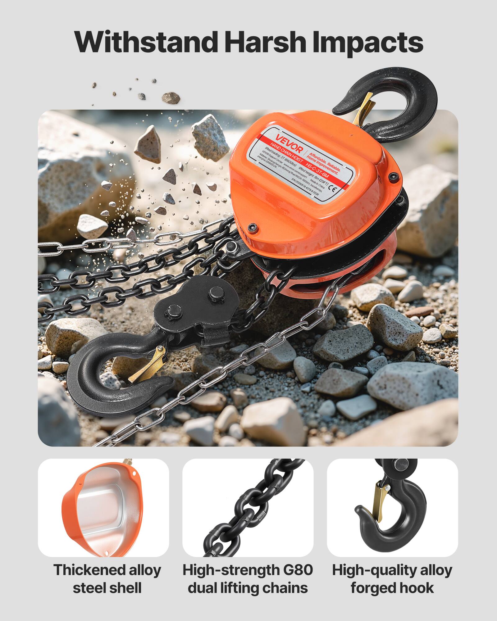 Withstand Harsh Impacts

- Thickened alloy steel shell
- High-strength G80 dual lifting chains
- High-quality alloy forged hook