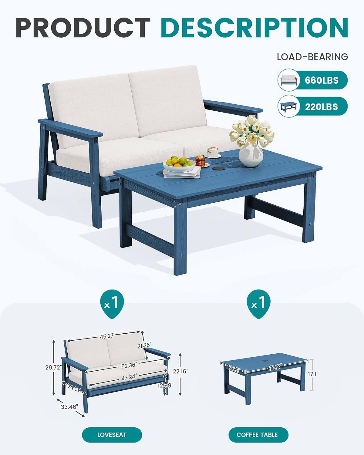 PRODUCT DESCRIPTION

LOAD-BEARING
- 660LBS
- 220LBS

LOVESEAT
- 45.27"
- 29.72"
- 24.01"
- 52.36"
- 47.24"
- 22.16"
- 12.99"
- 22.8"
- 37.8"
- 17.1"
- 33.46"

COFFEE TABLE