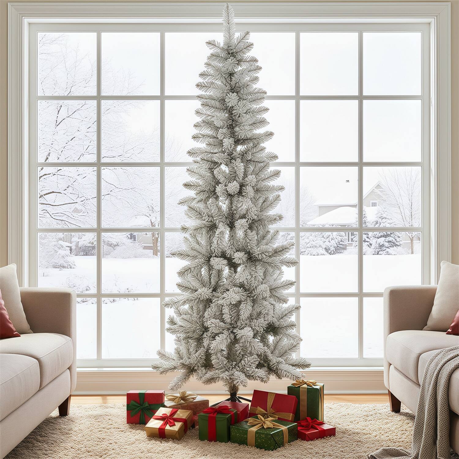 Angle. Sweet - 7.5ft Snow Flocked Pencil Christmas Tree, Prelighted Artificial Slim Christmas Trees with 250 Lights, Foldable Base - White Flocking.