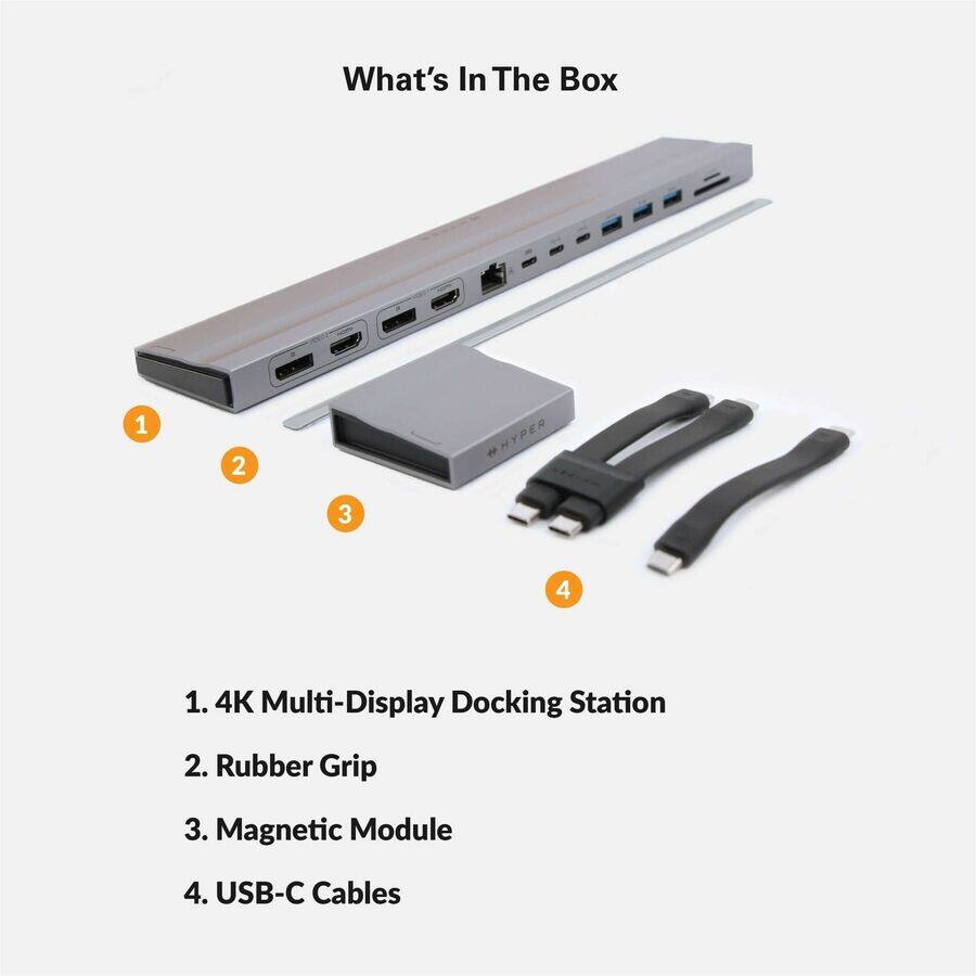 What's In The Box

1. 4K Multi-Display Docking Station
2. Rubber Grip
3. Magnetic Module
4. USB-C Cables