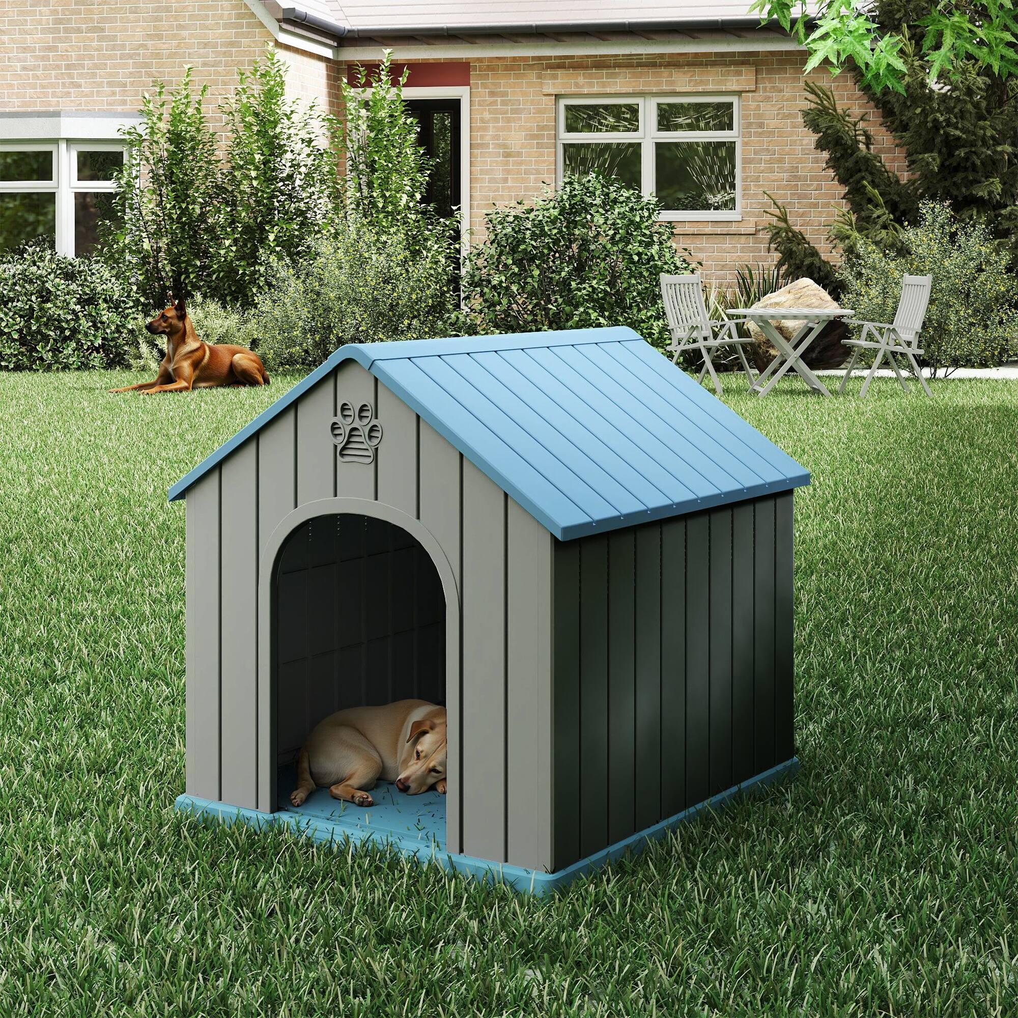 Back. Decksplore - Weatherproof Outdoor Dog House with Elevated Bed, All-Weather Resin Shelter for Yard, Patio & Garden.