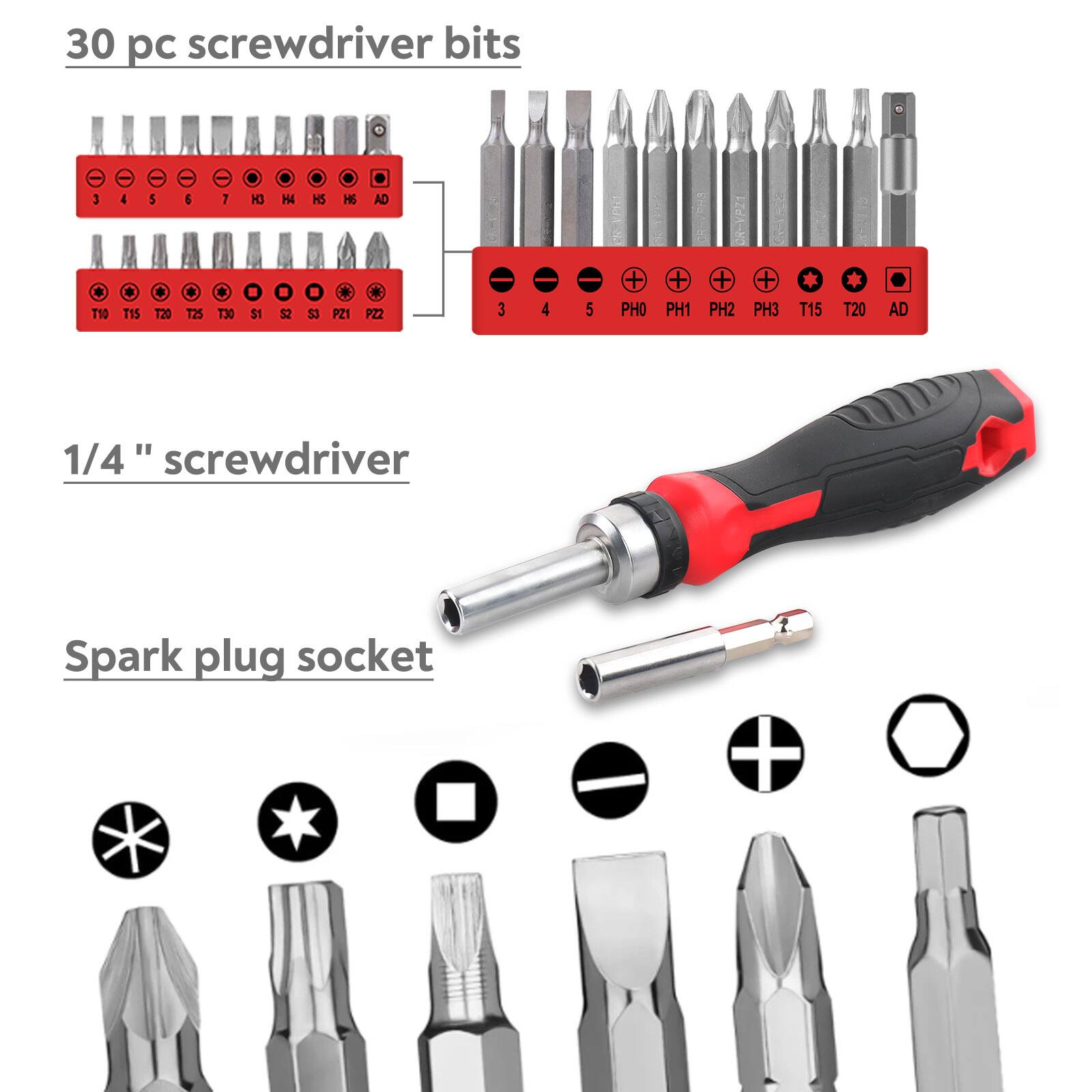 30 pc screwdriver bits  
T10 4  
T15 5  
T20 6  
T25 7  
T30 3  
H3  
H4  
H5  
H6  
AD  
S1  
S2  
S3  
P21  
P22  
PH0  
PH1  
PH2  
PH3  
T15  
T20  
AD  

1/4" screwdriver  

Spark plug socket