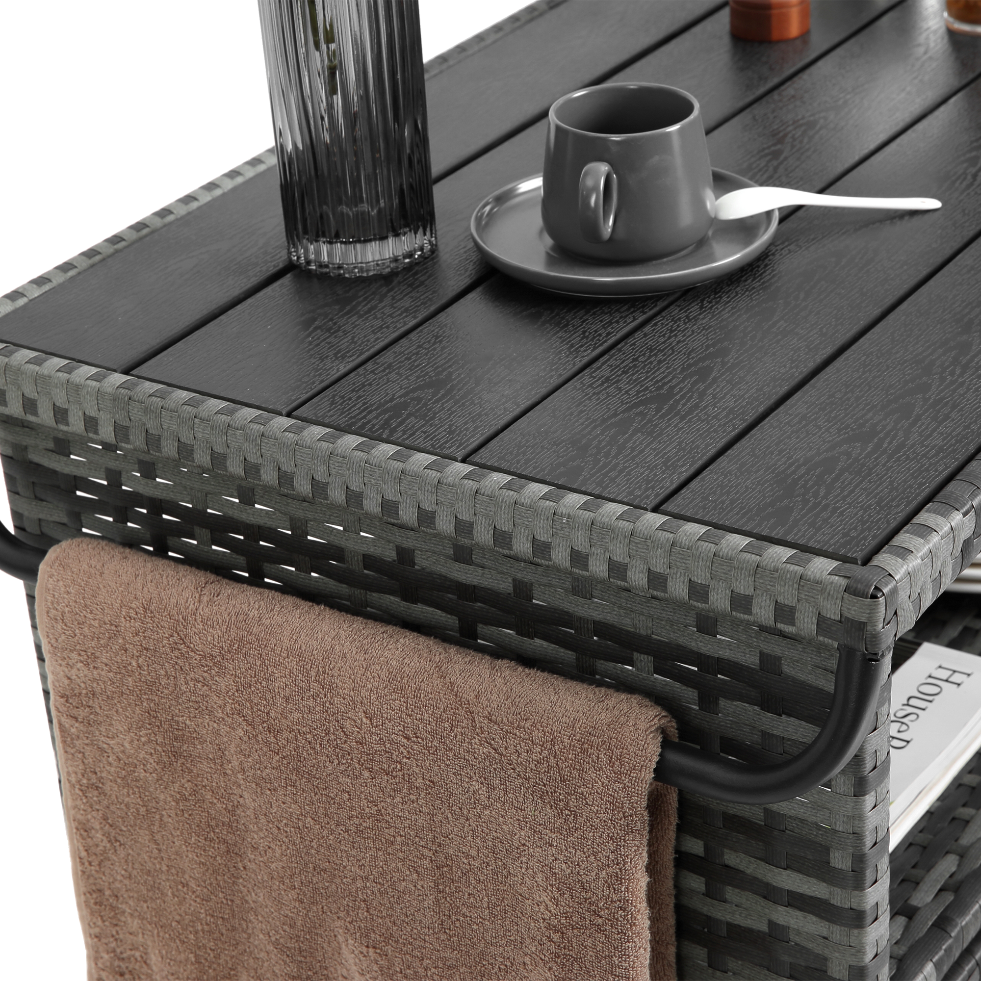 Alt View 1. APRILSOUL - Outdoor Wicker Bar Cart with Wheels Rolling Rattan Beverage Bar Counter Table with Glass Top Light brown - Black+Brown.