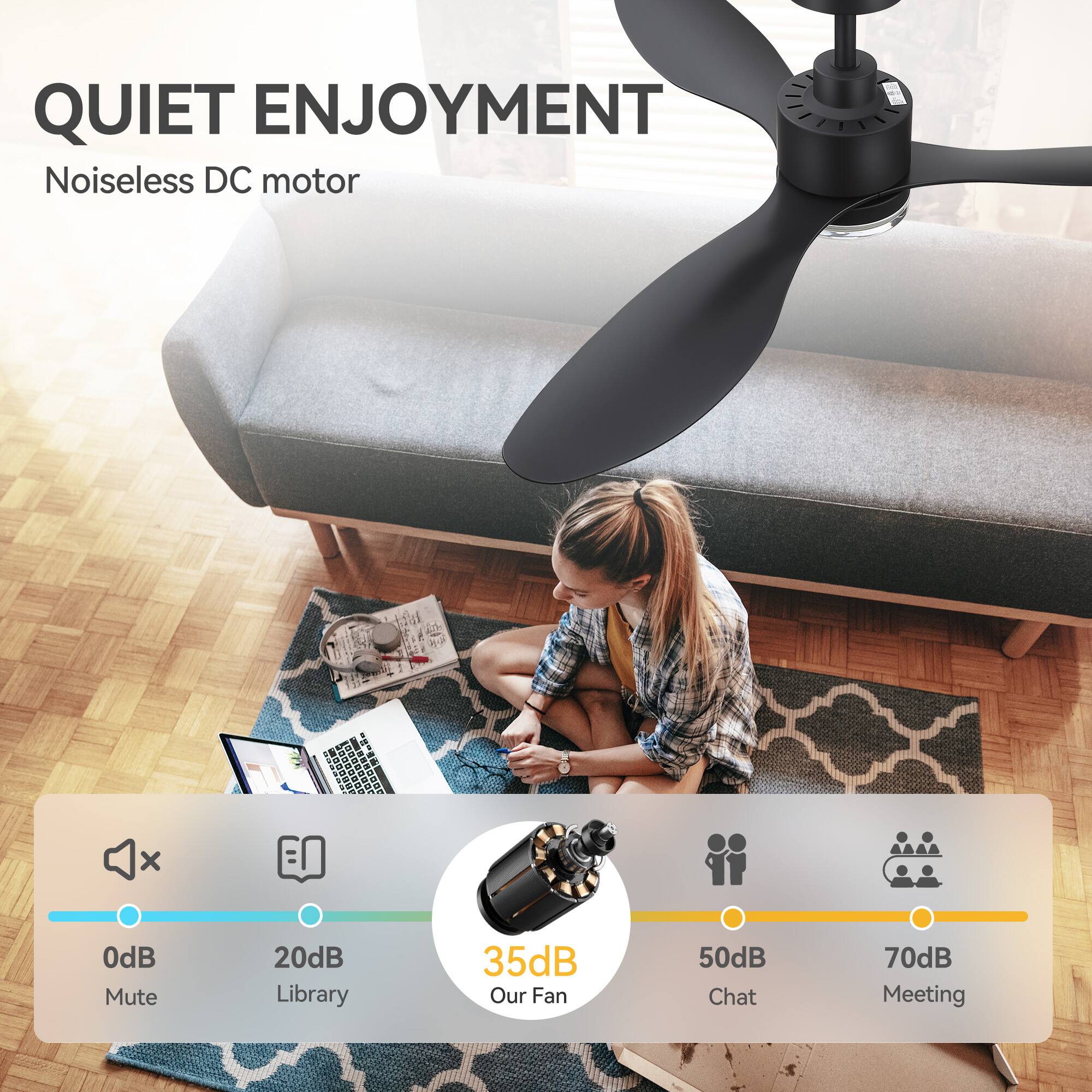 QUIET ENJOYMENT  
Noiseless DC motor  

0dB Mute  
20dB Library  
35dB Our Fan  
50dB Chat  
70dB Meeting