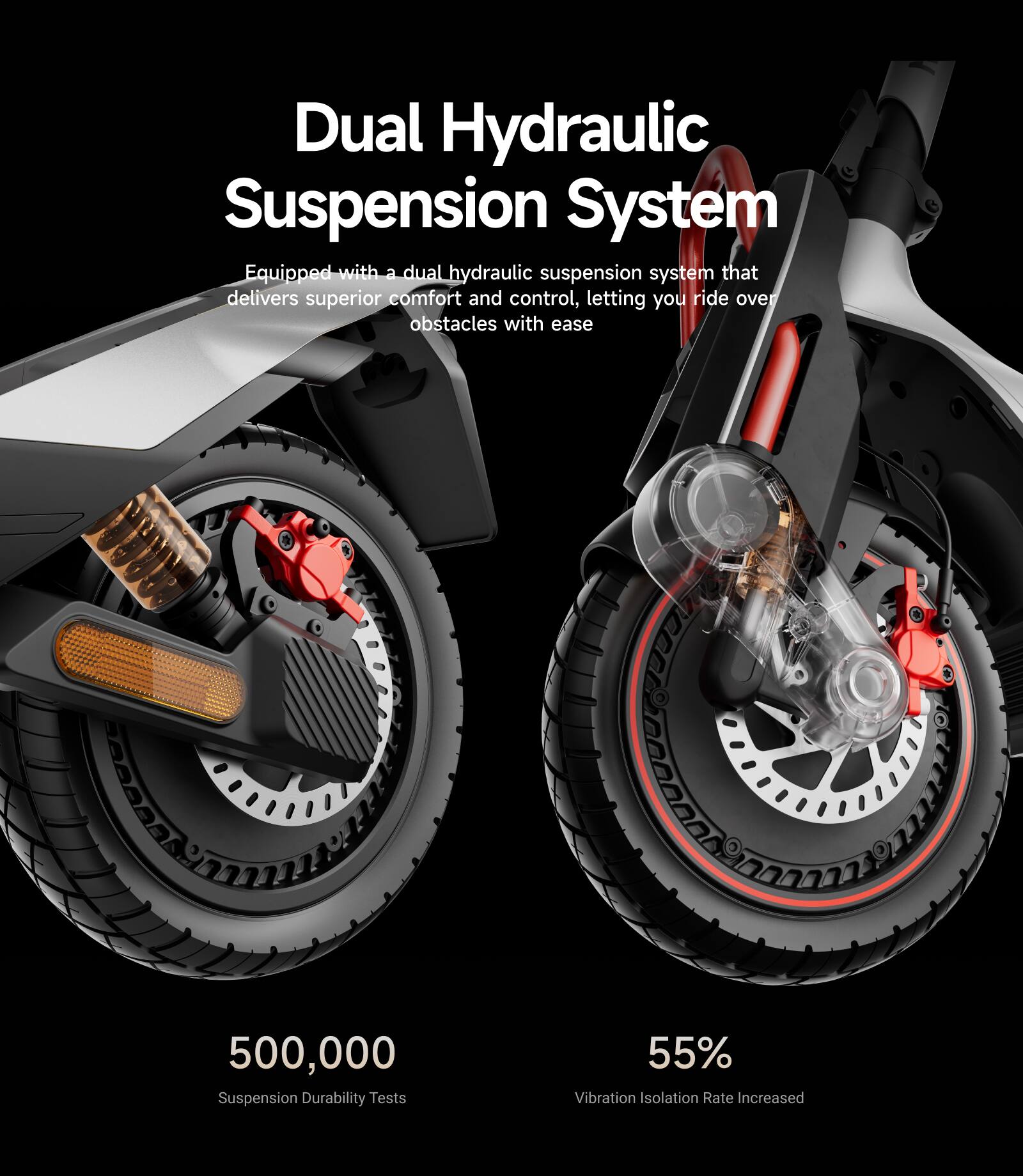 Dual Hydraulic Suspension System

Equipped with a dual hydraulic suspension system that delivers superior comfort and control, letting you ride over obstacles with ease.

500,000 Suspension Durability Tests

55% Vibration Isolation Rate Increased