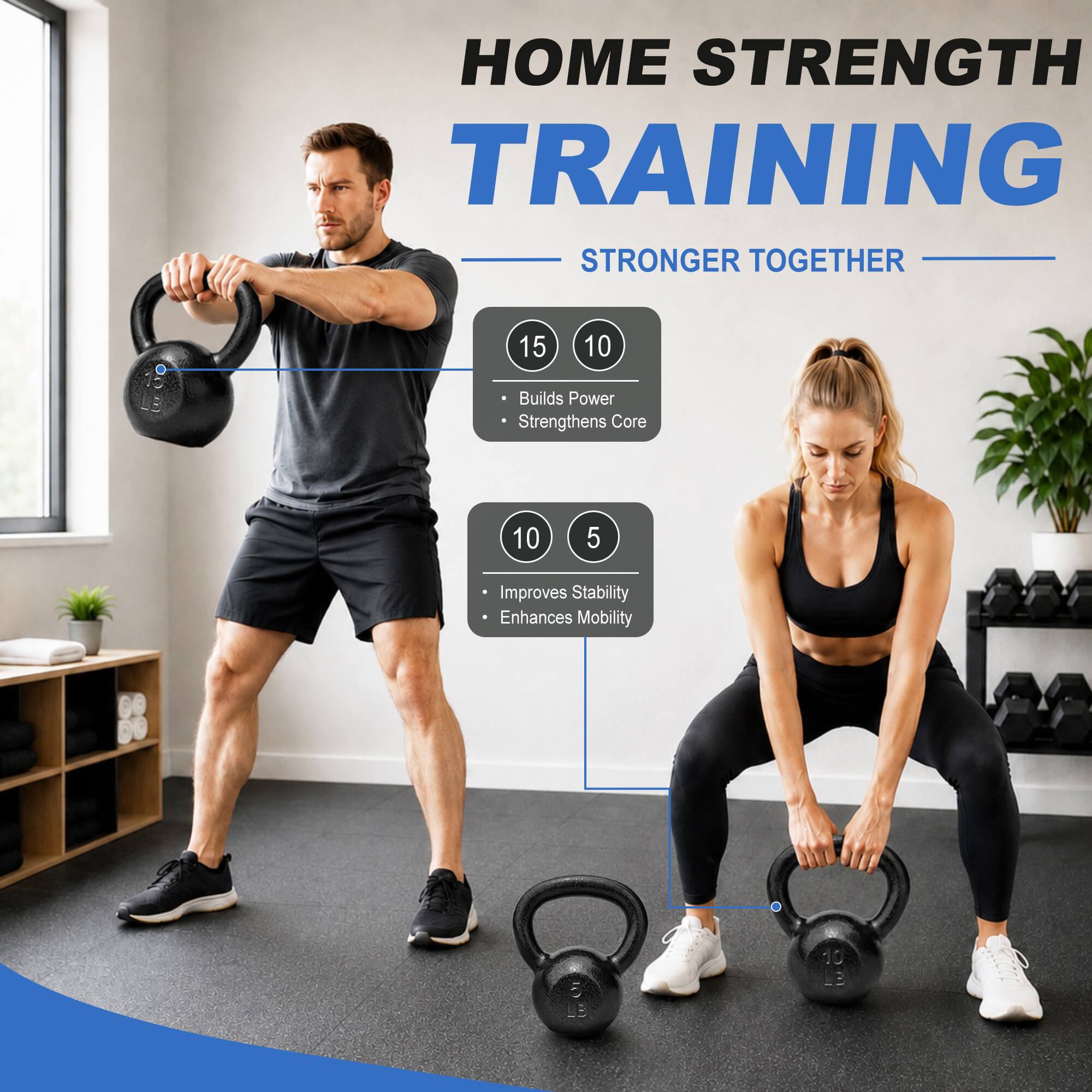 HOME STRENGTH TRAINING  
STRONGER TOGETHER

15  
10  
Builds Power  
Strengthens Core

10  
5  
Improves Stability  
Enhances Mobility

10  
5 LB