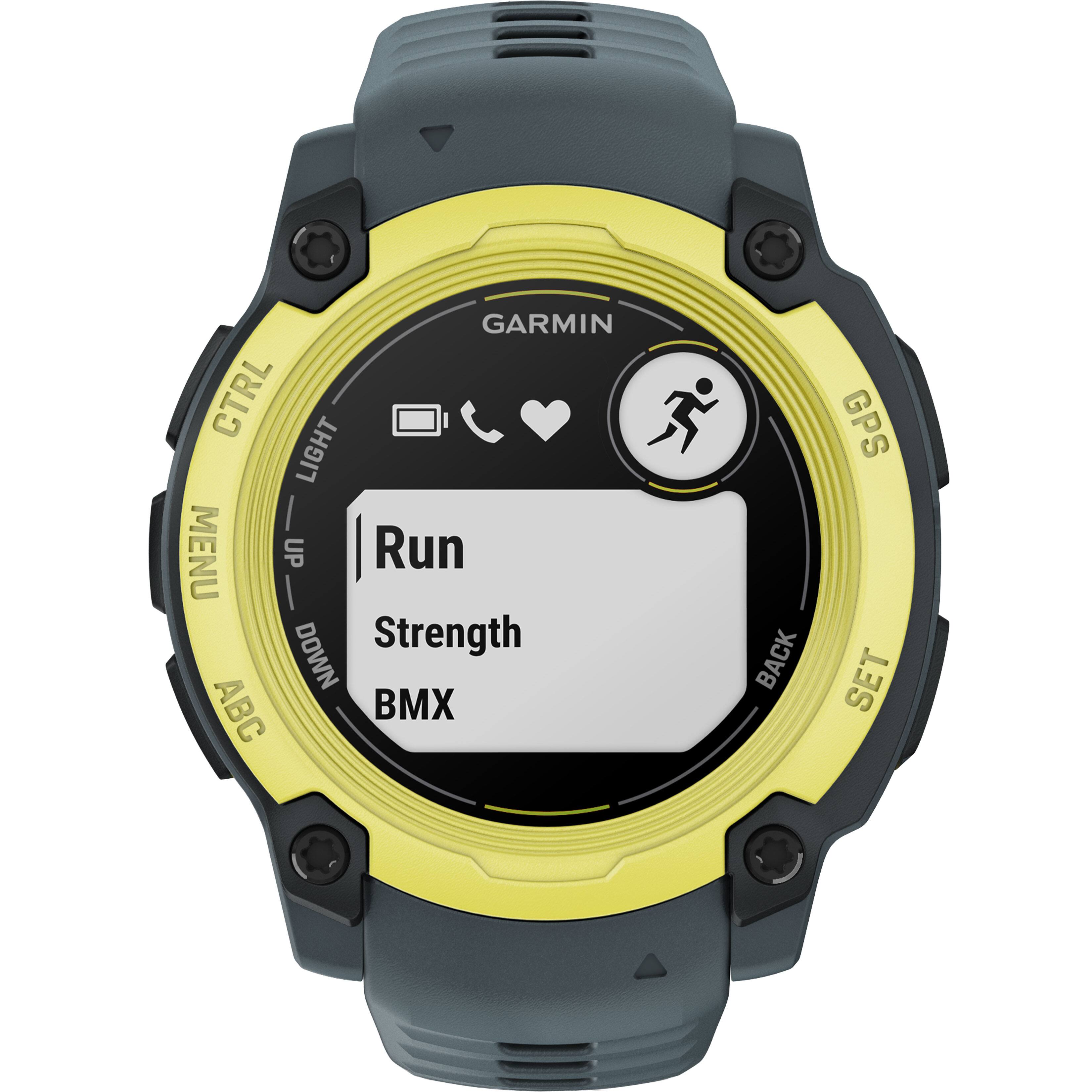 The text on the image is grouped and corrected as follows:

GARMIN CTRL LIGHT MENU UP Run DOWN Strength ABC BMX BACK GPS SET