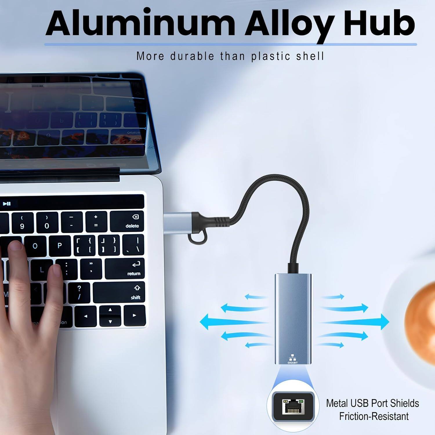 Aluminum Alloy Hub  
More durable than plastic shell  

Metal USB Port Shields  
Friction-Resistant