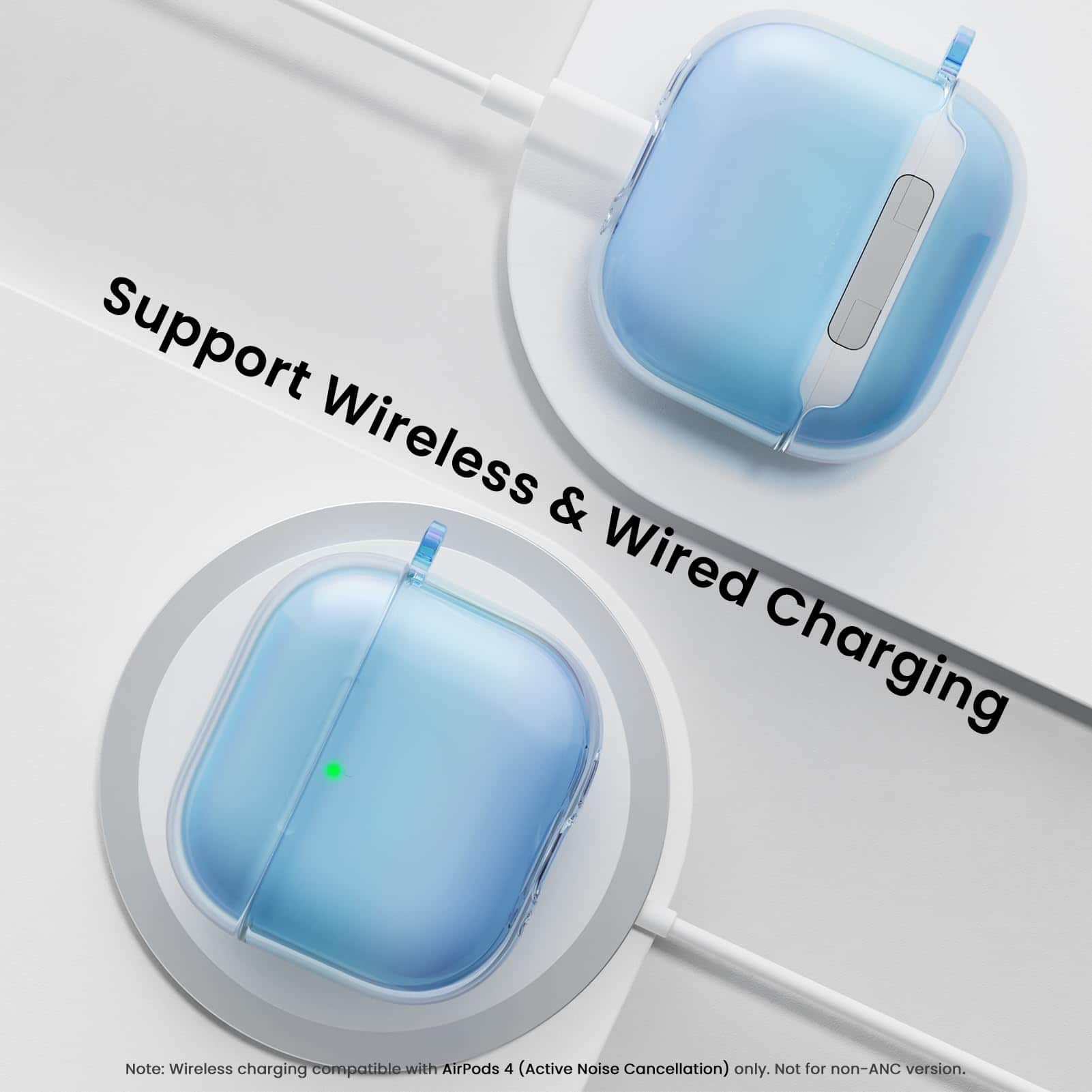 Support Wireless & Wired Charging
Note: Wireless charging compatible with AirPods 4 (Active Noise Cancellation) only. Not for non-ANC version.