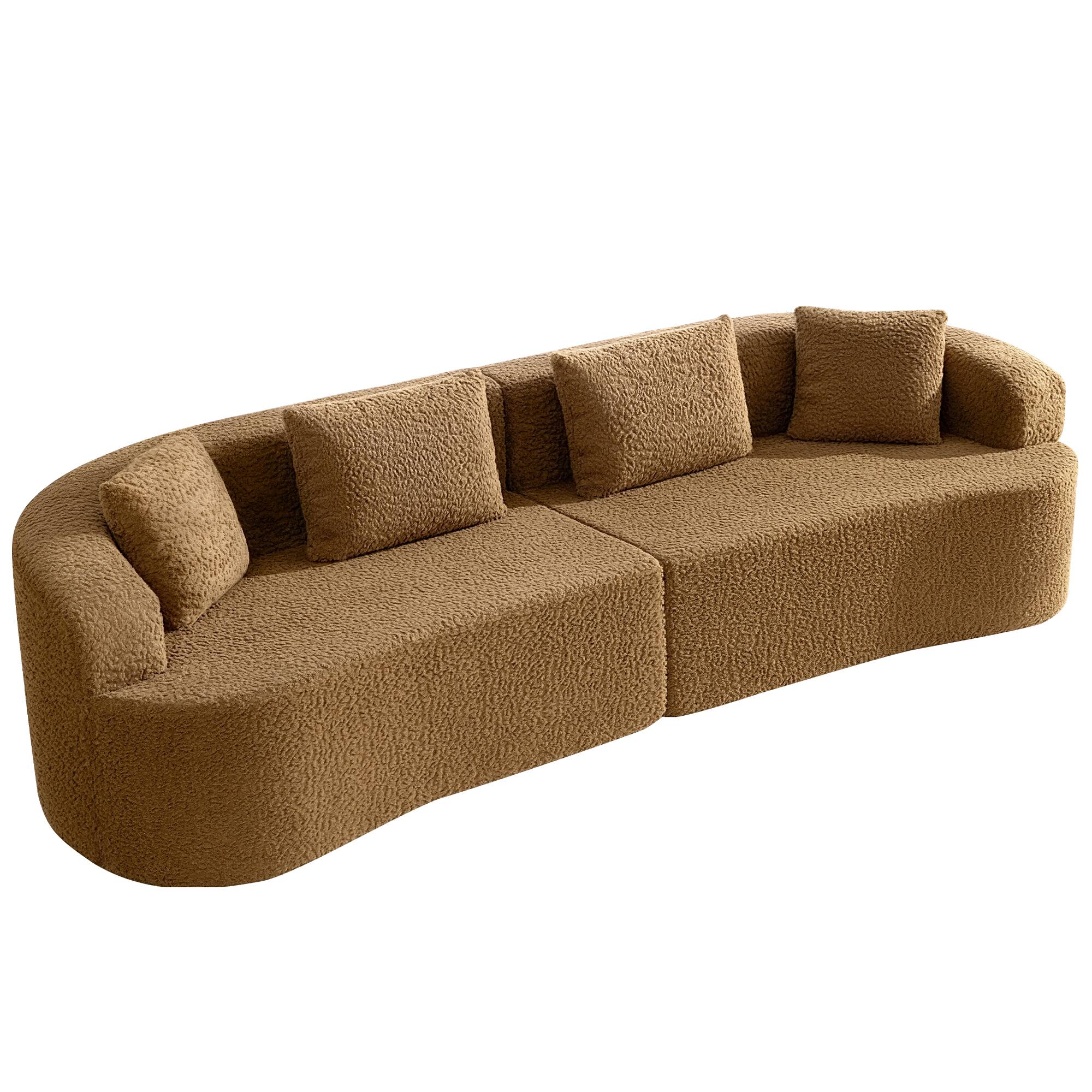 Angle. Brick Attic - 113 Wide Boucle Upholstered Curved Sofa with 4 Pillows,High Denslysponge  Half Moon Living Room Sofa - Brown.