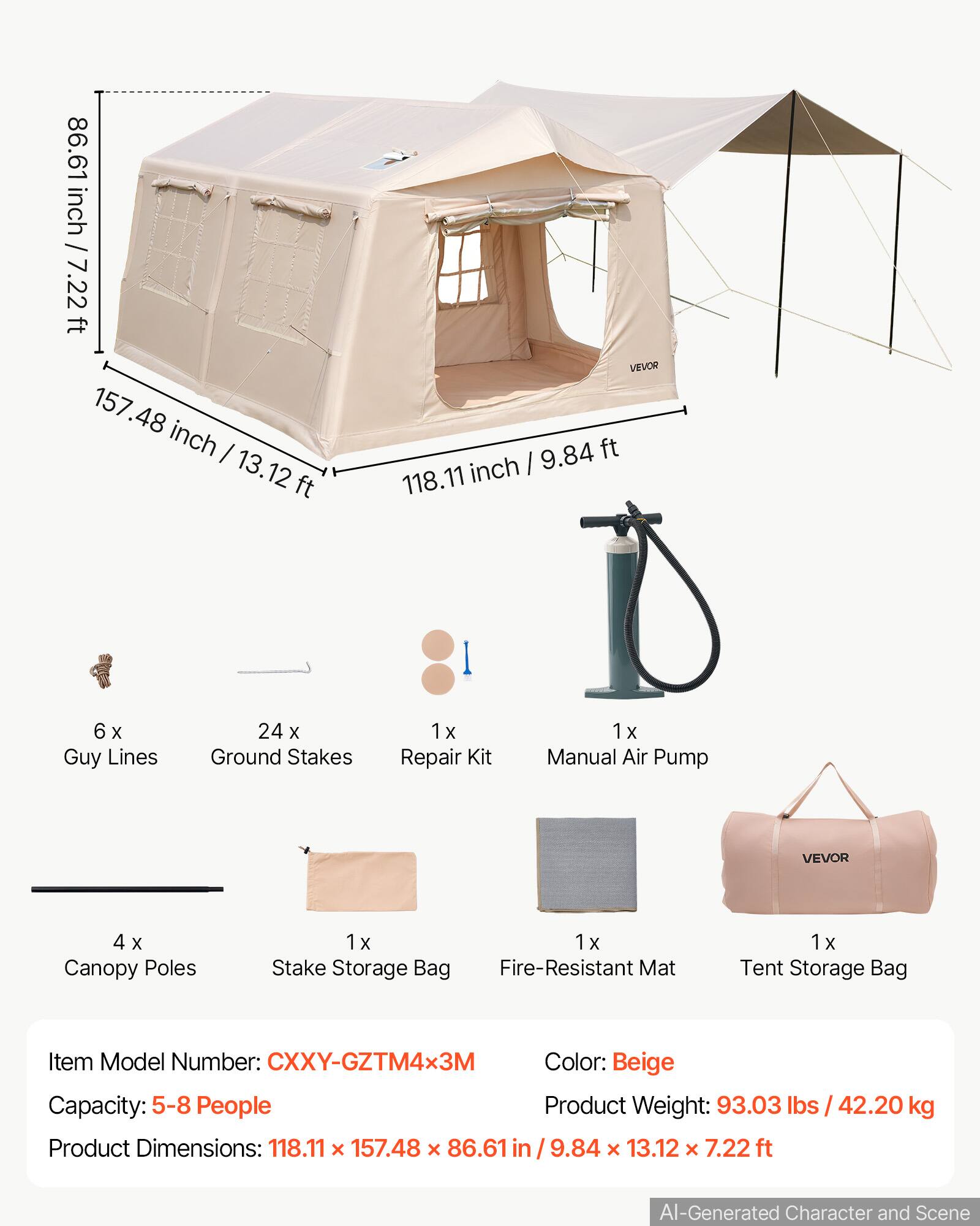 86.61 inch / 7.22 ft  
157.48 inch / 13.12 ft  
118.11 inch / 9.84 ft  

VEVOR  
6x Guy Lines  
24 X Ground Stakes  
1x Repair Kit  
1x Manual Air Pump  
4 X Canopy Poles  
1x Stake Storage Bag  
1 X Fire-Resistant Mat  
1 X Tent Storage Bag  

Item Model Number: CXXY-GZTM4x3M  
Color: Beige  
Capacity: 5-8 People  
Product Weight: 93.03 lbs / 42.20 kg  
Product Dimensions: 118.11 X 157.48 X 86.61 in / 9.84 x 13.12 X 7.22 ft