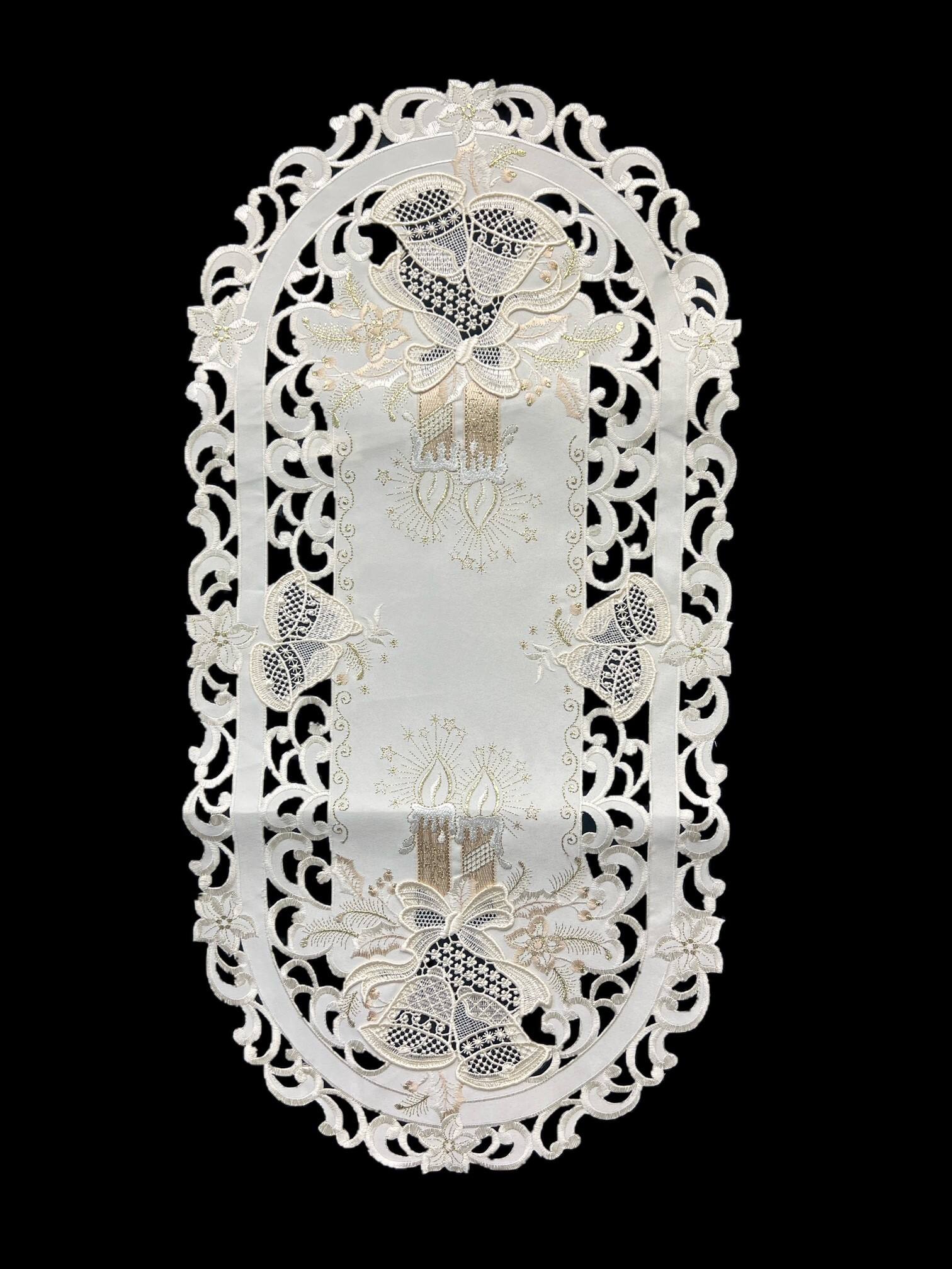 Front. Jiallo - Christmas Candle Beige Lace Embroidered Cutwork Rectangular Table Runner, 13 by 27 inch Table Linen - Beige.