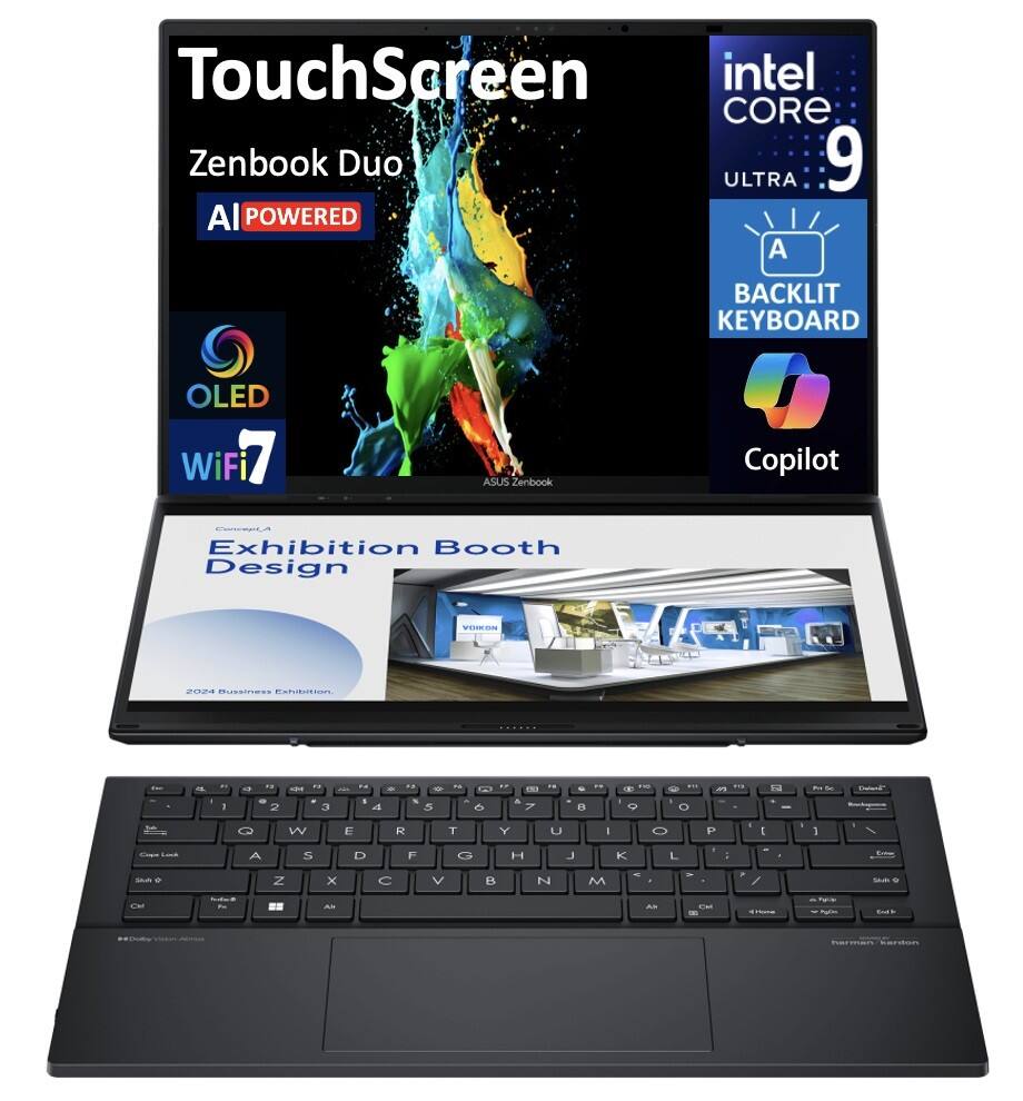 TouchScreen  
intel CORE  
Zenbook Duo  
ULTRA 9  
AI POWERED  
OLED  
WiFi 7  
ASUS Zenbook Copilot  
PanceaLa Exhibition Booth Design  
C 2024  
OES  
OCEION  
- 1  
- 2  
- 3  
- 4  
- 5  
- o  
E1  
- B  
- Q W E R T Y U I O P  
1 / A S D F G H J K L  
- Z X C V B N M  
- s  
AS AN M  
- i NS