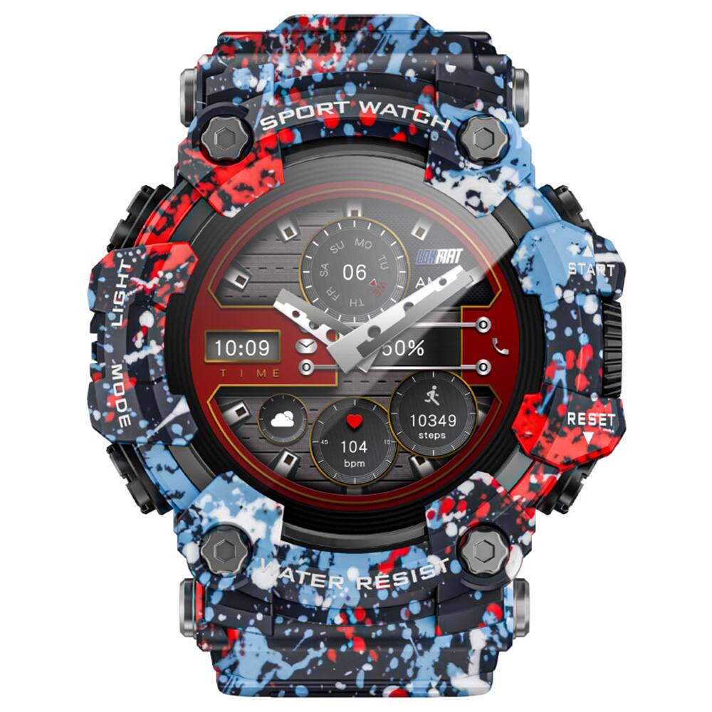 SPORT WATCH LIGHT MODE 10:09 TIME SU MO TU WED TH FRI SAT 06 AM 50% 10349 steps 104 bpm START RESET WATER RESIST