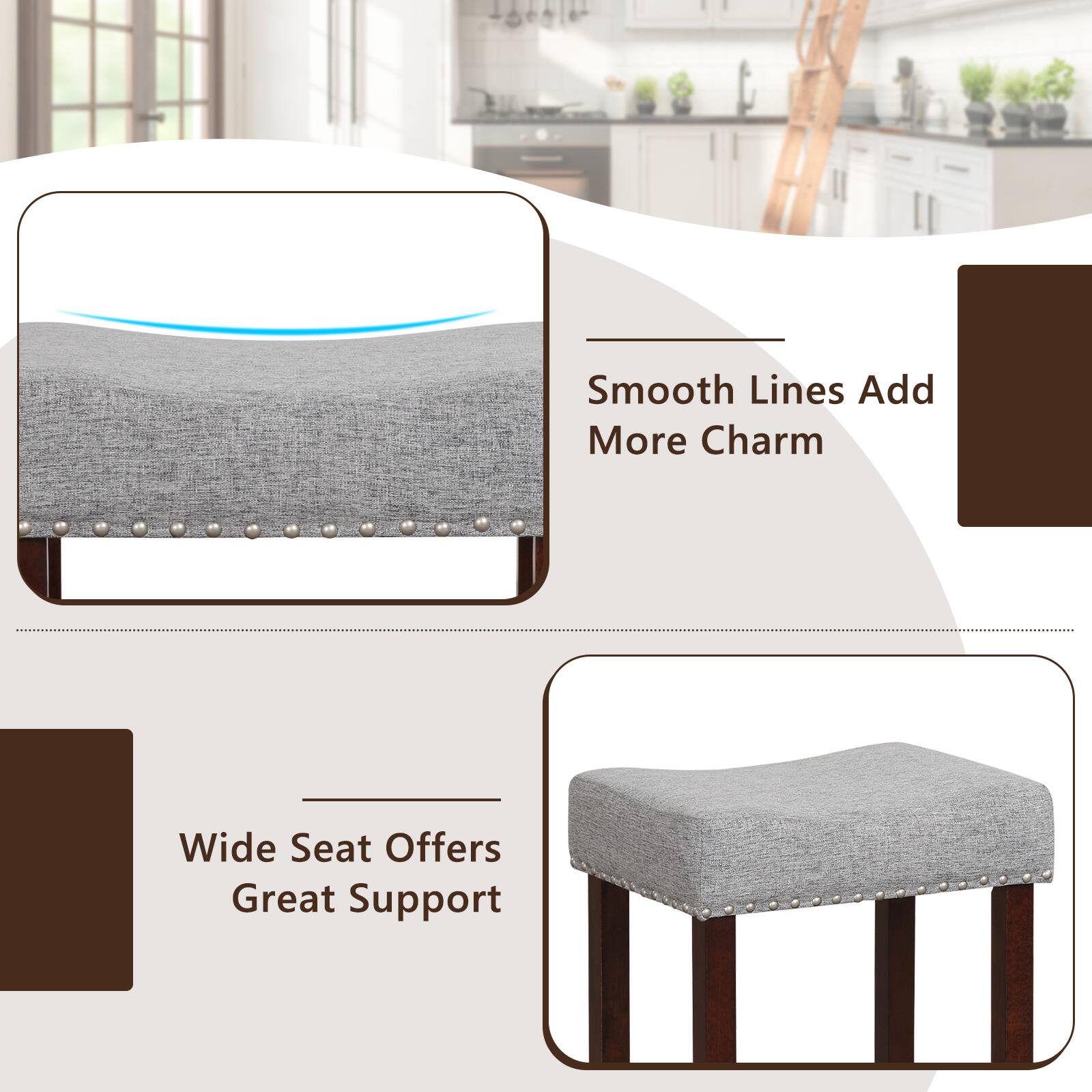 The text on the image is grouped as follows:

1. Smooth Lines Add More Charm
2. Wide Seat Offers Great Support