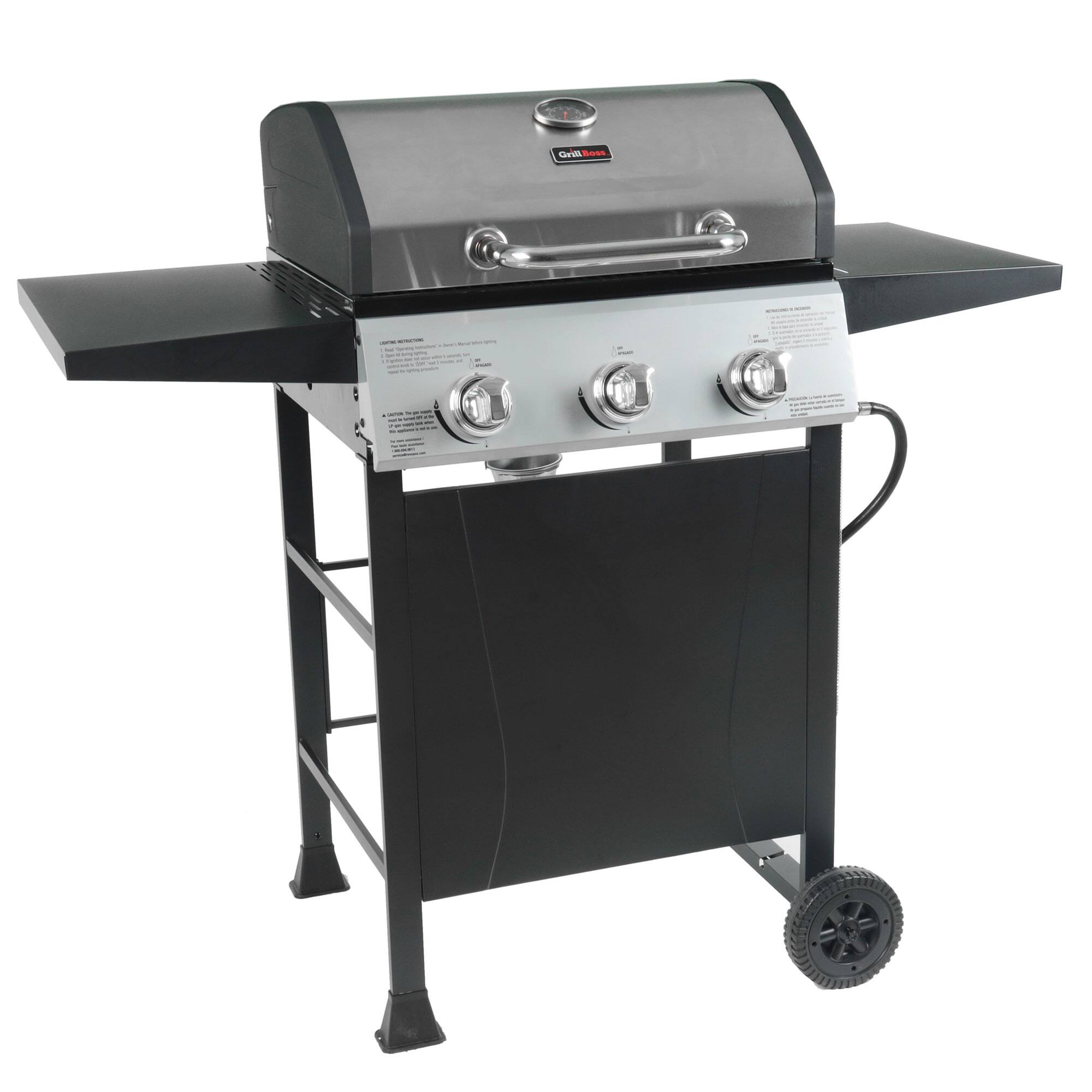 Alt View 4. Grill Boss - Grill Boss 27,000 BTU 3 Burner Propane Gas Grill w/Wheels, Cover, & Side Shelves - Black, Silver.
