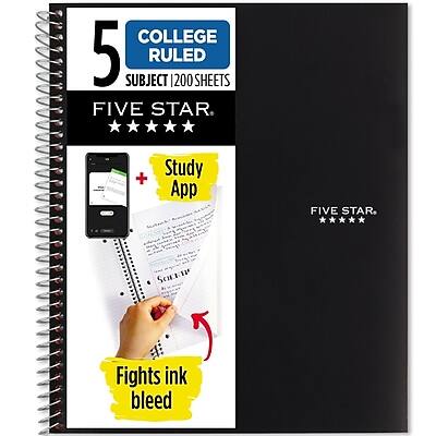Five Star - 5-Subject Subject Notebook, 8.5" x 11", College Ruled, 200 Sheets, (72081) - Black