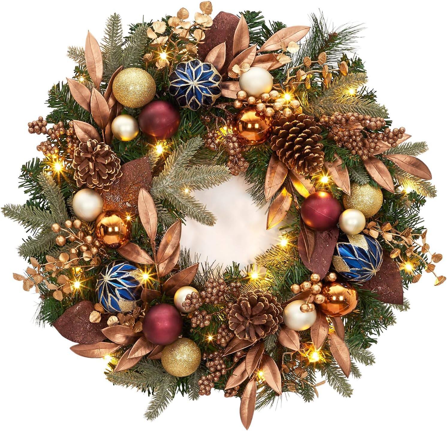 Front. GARVEE - 24 Inch Christmas Wreath, Artificial Xmas Wreath with Pine Cones and Christmas Balls, for Front Door Decor - Green.