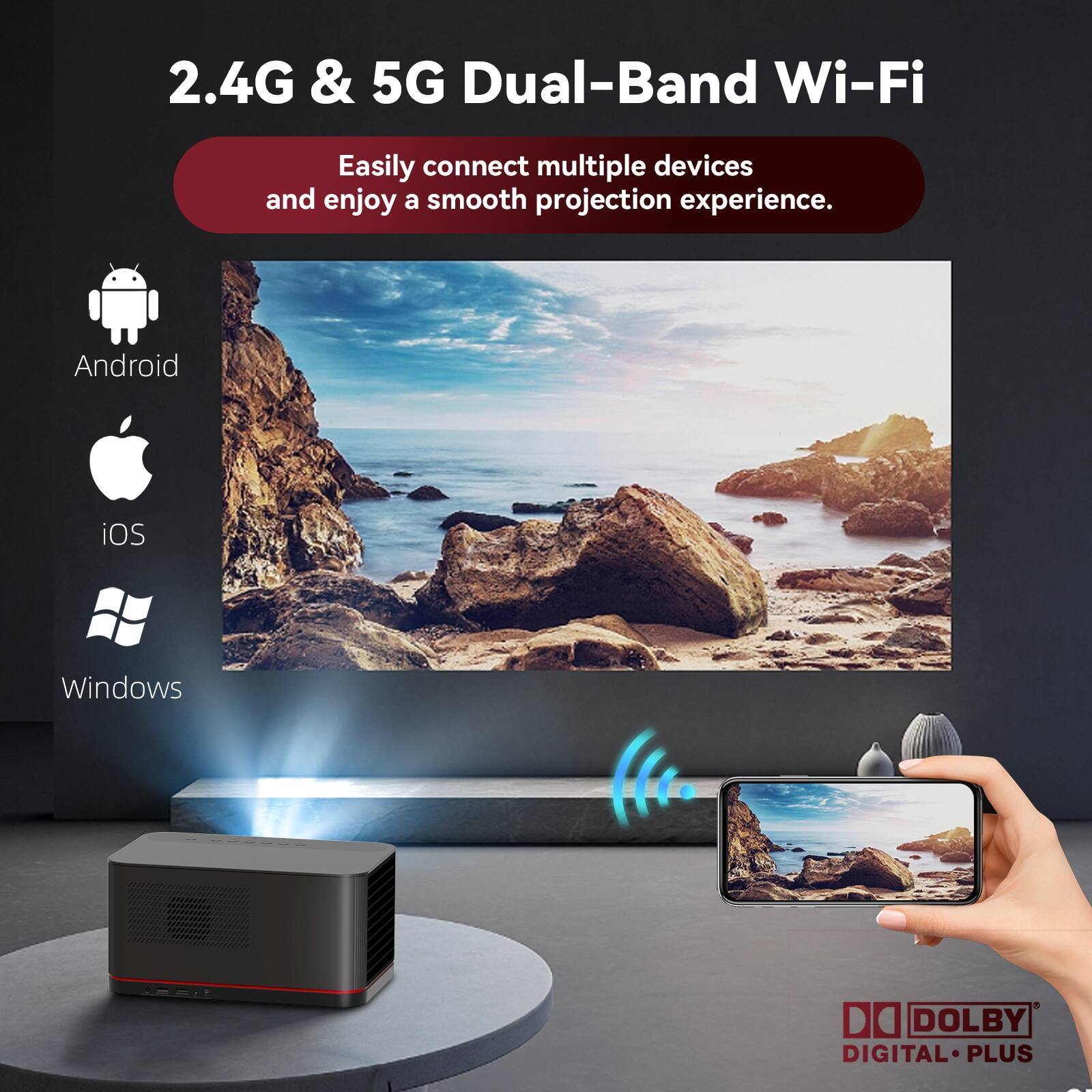 2.4G & 5G Dual-Band Wi-Fi Easily connect multiple devices and enjoy a smooth projection experience. Android, iOS, and Windows are supported by Dolby Digital Plus.