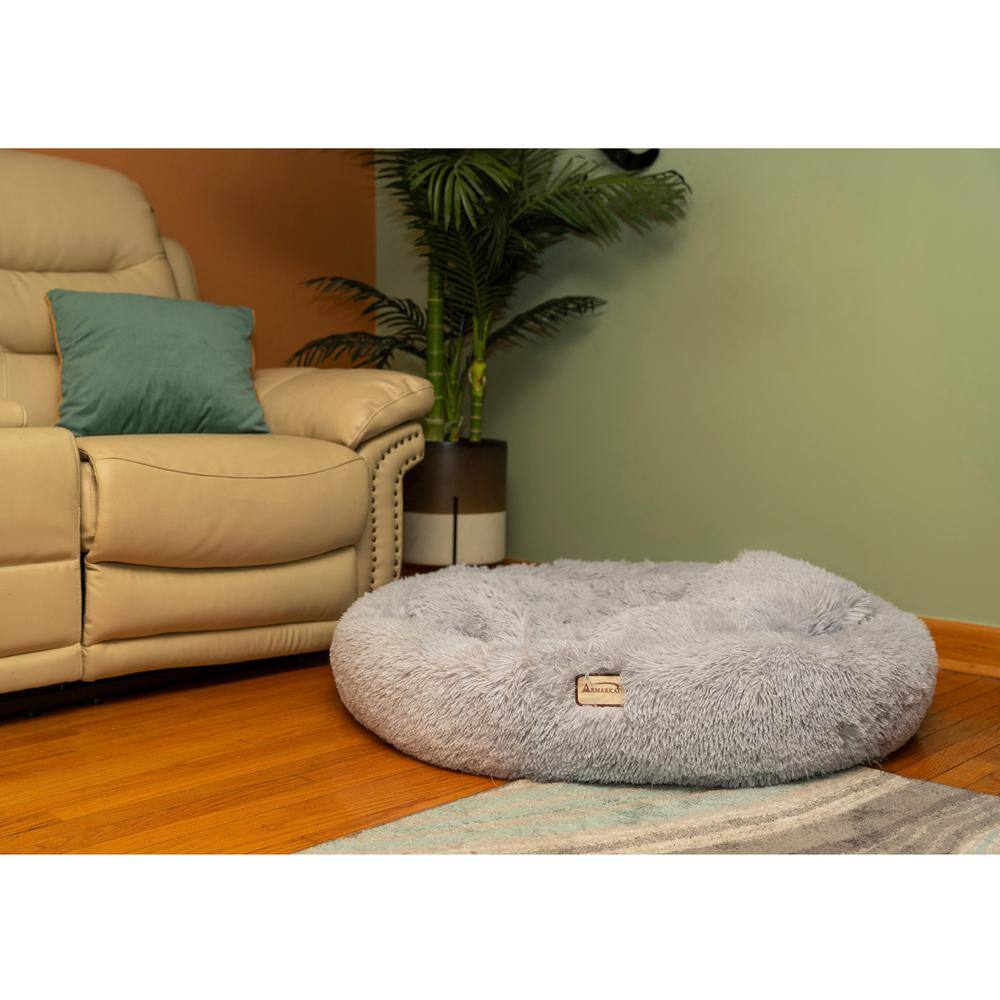 Left. Armarkat - Extra Large Fluffy Gray Round Cat Bed - Gray.
