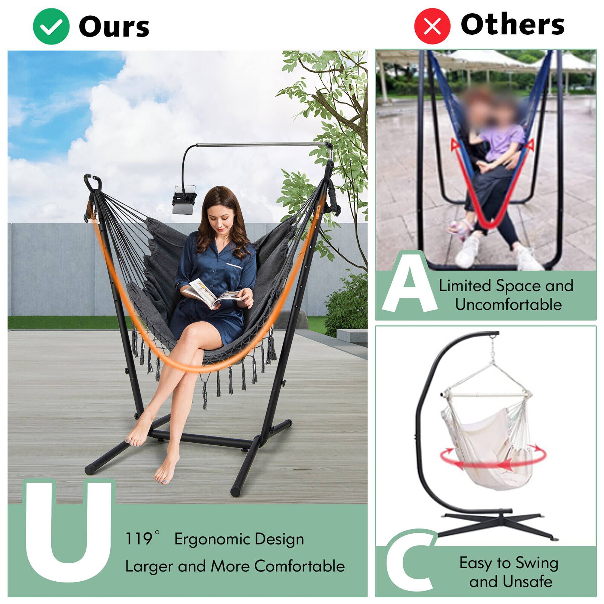 Ours X Others

A. Limited Space and Uncomfortable

U. 119° Ergonomic Design, Larger and More Comfortable

C. Easy to Swing and Unsafe
