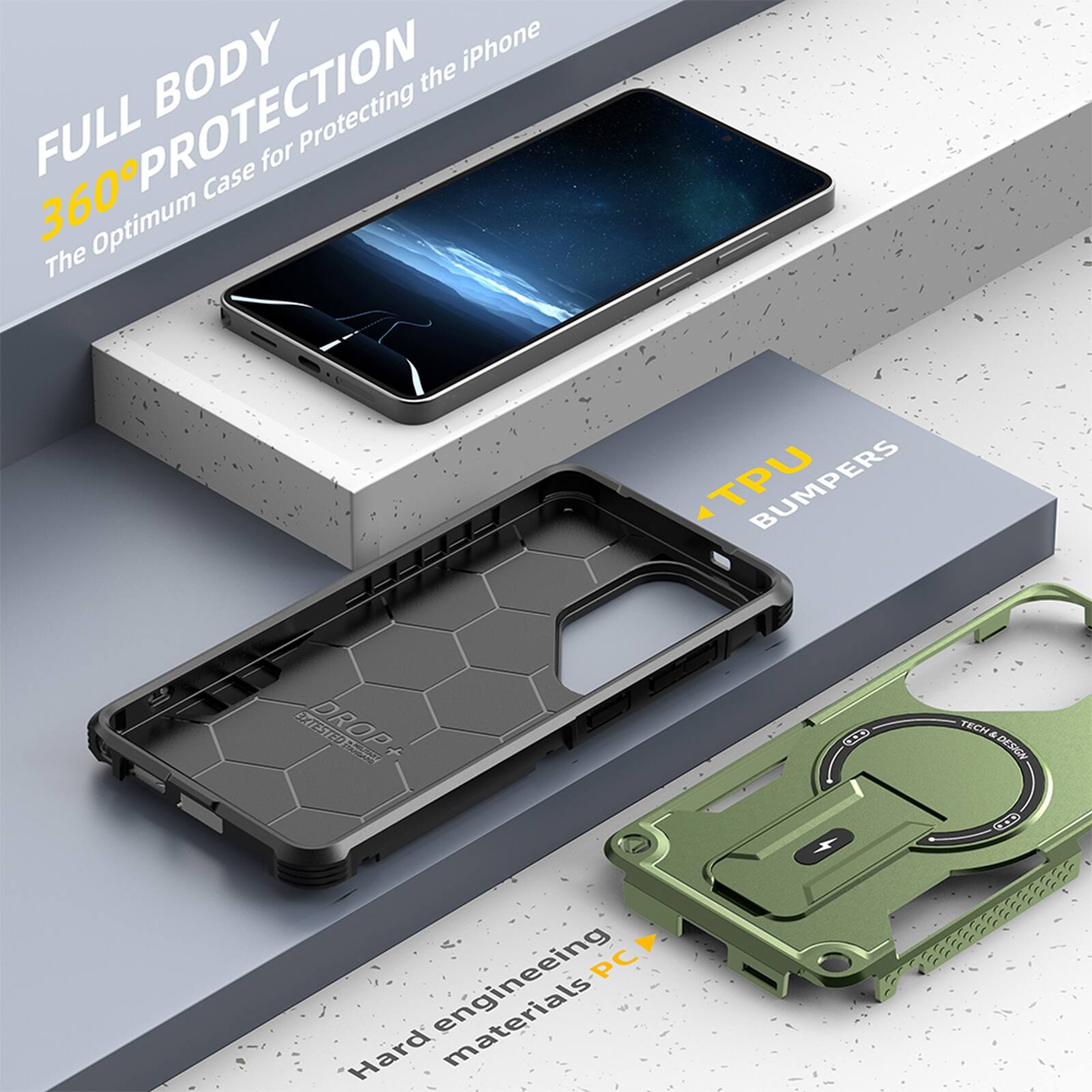 FULL BODY 360° PROTECTION  
The Optimum Case for Protecting the iPhone  

TPU BUMPERS  

Hard engineering materials PC  

DROP TESTED