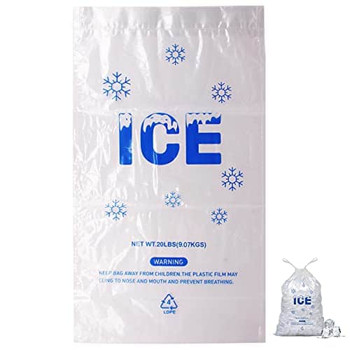 DORLUKFU - 100 PACK 20 lb. Plastic Drawstring Ice Bags 14 x 28 Inch Heavy-Duty Ice Bags with Plastic Draw String (2.8mil Thickness) - Clear and Blue