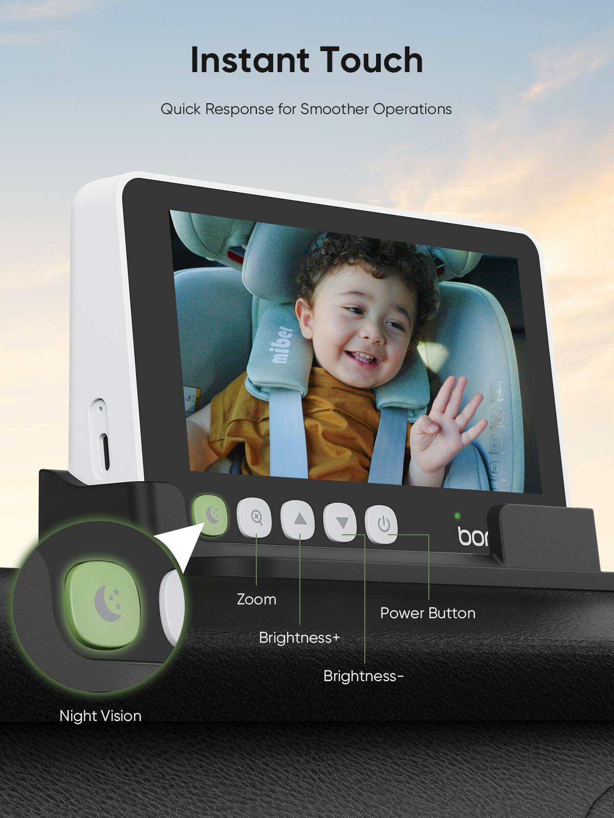 Instant Touch  
Quick Response for Smoother Operations  

- Night Vision  
- Zoom  
- Brightness+  
- Brightness-  
- Power Button