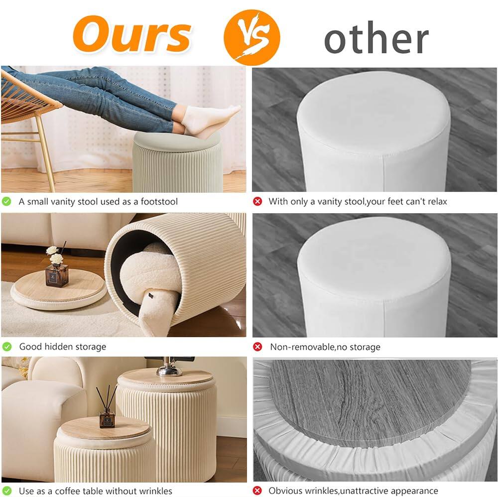 **Ours**

- A small vanity stool used as a footstool
- Good hidden storage
- Use as a coffee table without wrinkles

**Other**

- With only a vanity stool, your feet can't relax
- Non-removable, no storage
- Obvious wrinkles, unattractive appearance