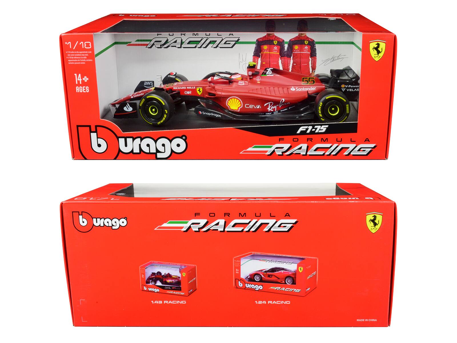 FORMULA RACING 1 *1 1/18  
14+ AGES  
aws  
55 de VPae PLMA  
MILE AGES Santander VELAS CR Somtmnder  
Ceva Ray a - ZERG I Seapdrogon  
OUSE F1-15 FORMUL burago RACING  
burago d FORMULA RACING S3  
MACIR 1 a L - ROT urago RACINE H 1.08 RACING 1:24 RACINO MADE d CHIALE