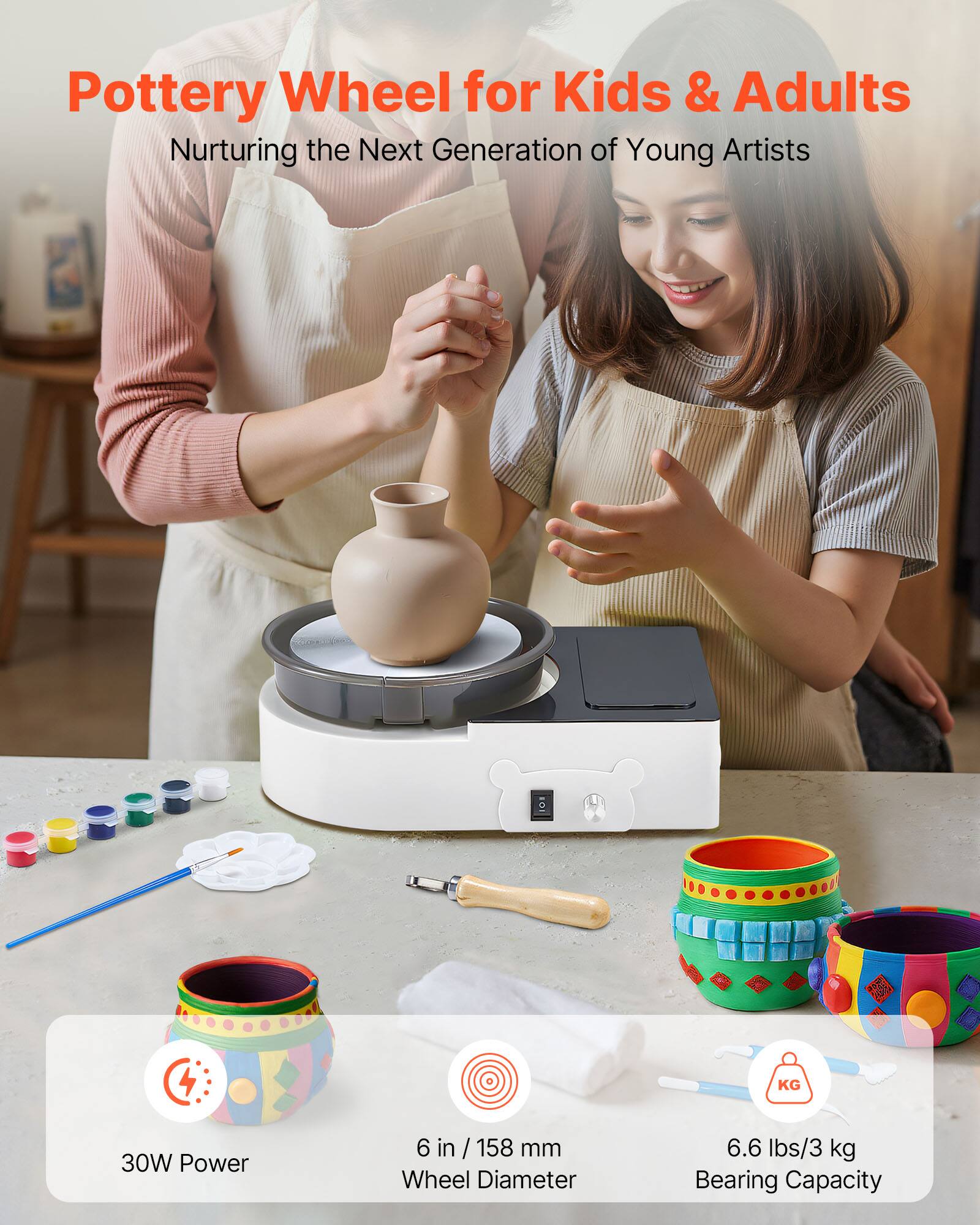 Pottery Wheel for Kids & Adults  
Nurturing the Next Generation of Young Artists  

- 30W Power  
- 6 in / 158 mm Wheel Diameter  
- 6.6 lbs / 3 kg Bearing Capacity