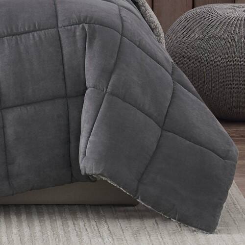 Left. Hivvago - King Plush Sherpa Reversible Micro Suede Comforter Set in Gray - Gray.