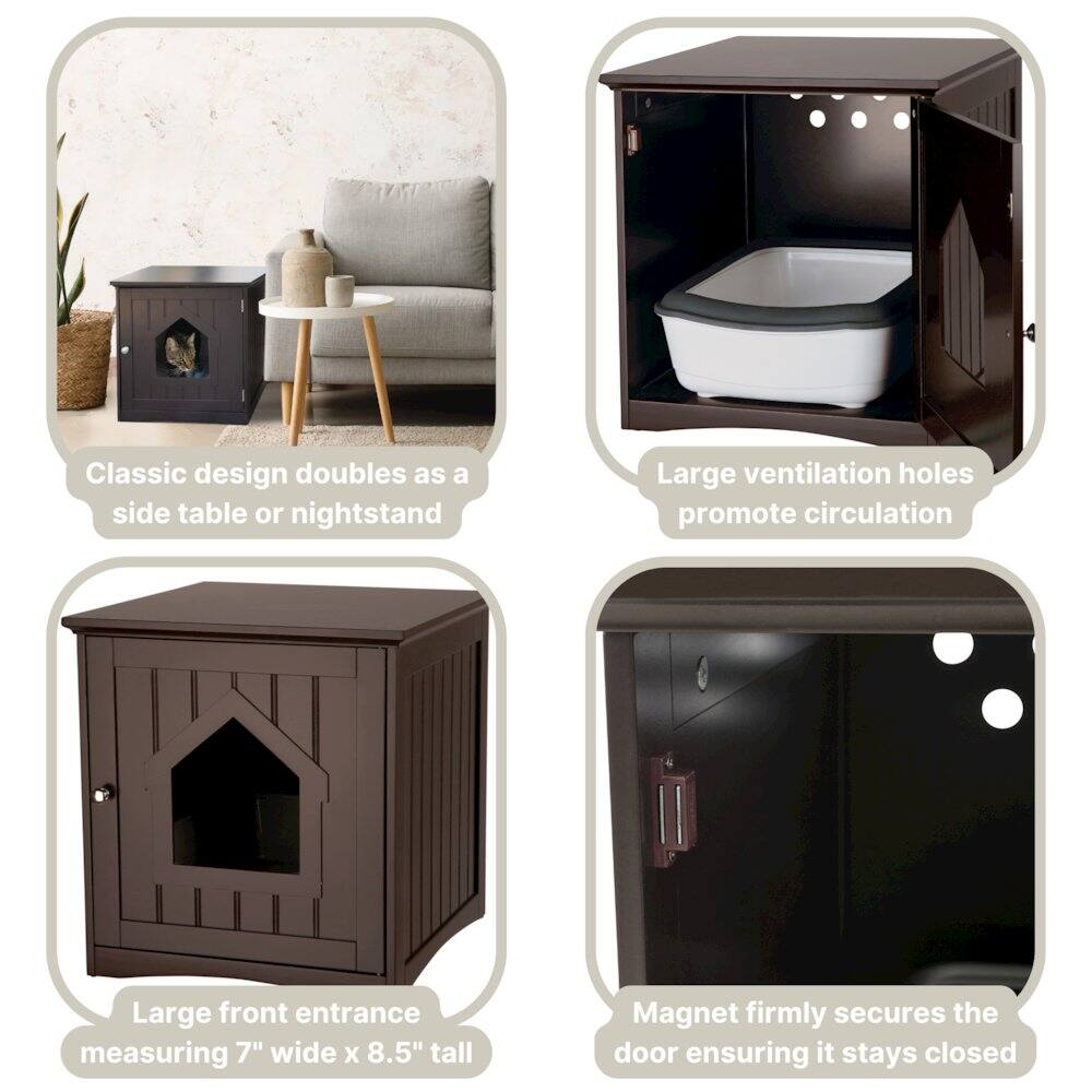 Classic design doubles as a side table or nightstand  
Large ventilation holes promote circulation  
Large front entrance measuring 7" wide x 8.5" tall  
Magnet firmly secures the door ensuring it stays closed