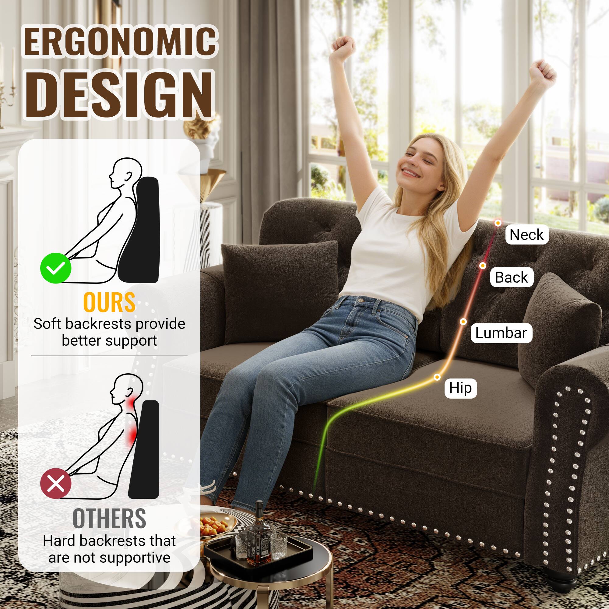 ERGONOMIC DESIGN

Neck
Back
Lumbar
Hip

OURS
Soft backrests provide better support

OTHERS
Hard backrests that are not supportive