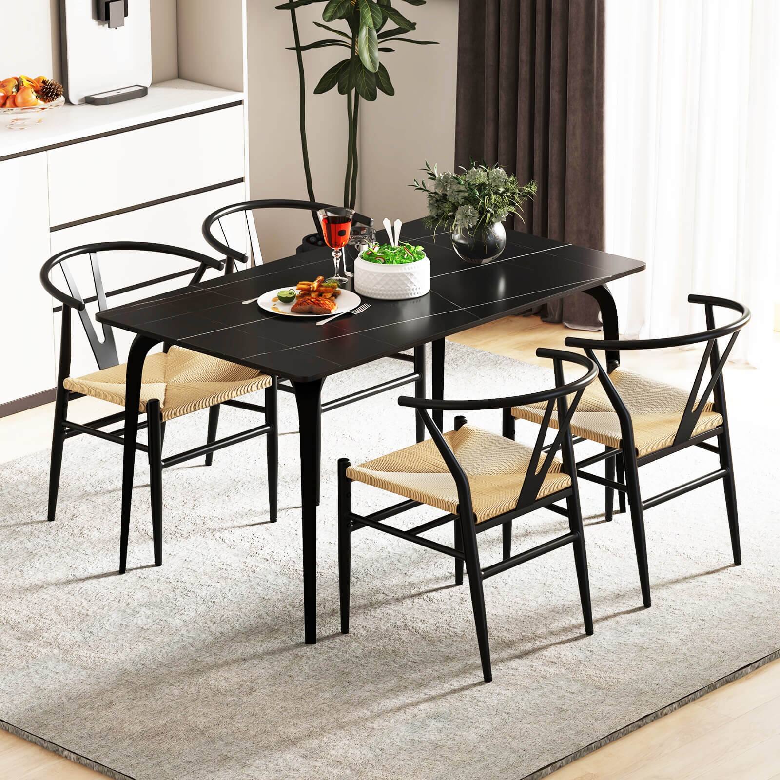 Alt View 4. Costway - Costway Modern Dining Chair Set of 4 Weave Kitchen Armchairs with Y-Shaped Curved Backrest - Beige+Black.