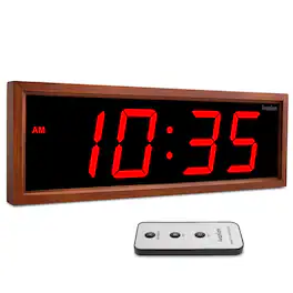 Ivation - 24" Digital Wall Clock – Brown Wood Frame - Red
