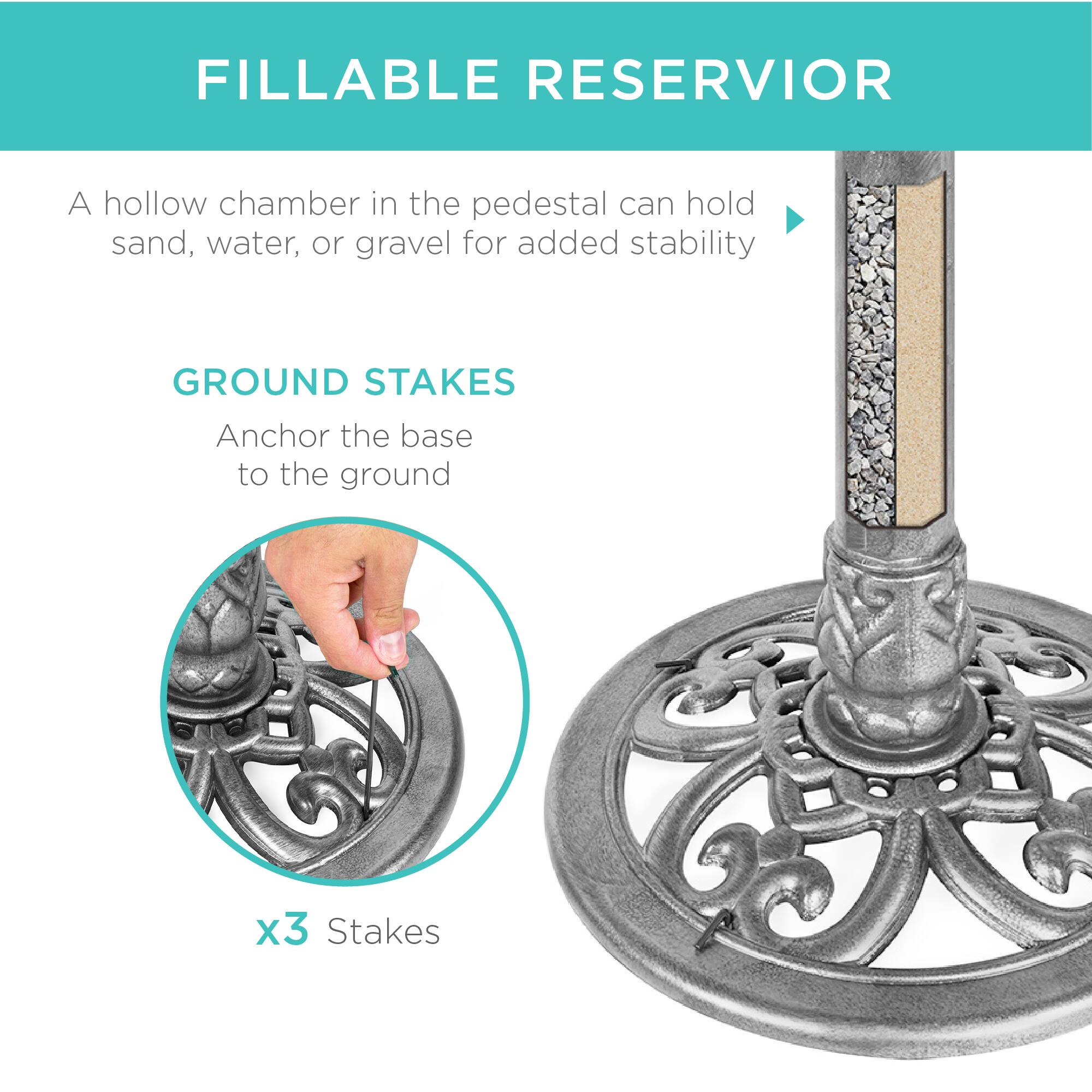 FILLABLE RESERVIOR

A hollow chamber in the pedestal can hold sand, water, or gravel for added stability

GROUND STAKES

Anchor the base to the ground

x3 Stakes