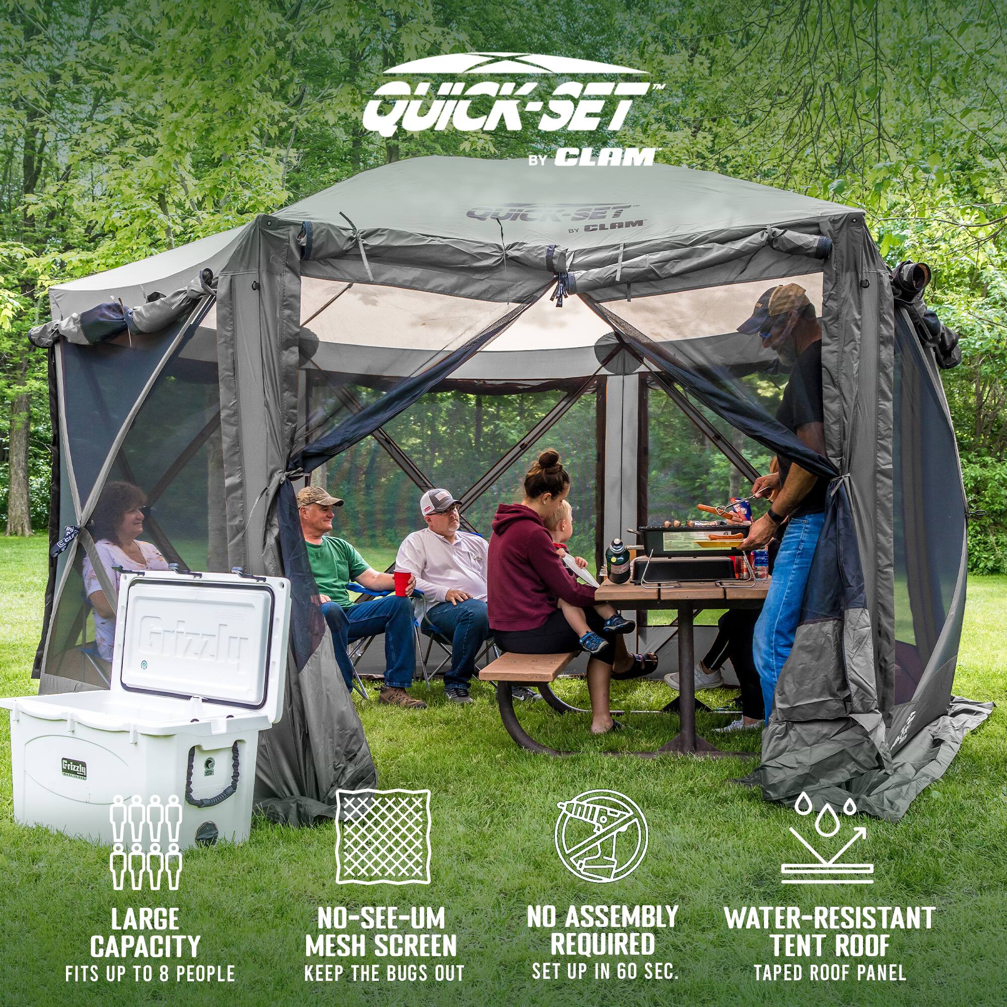 QUICK-SET BY CLAM

- LARGE CAPACITY FITS UP TO 8 PEOPLE
- NO-SEE-UM MESH SCREEN KEEP THE BUGS OUT
- NO ASSEMBLY REQUIRED TENT ROOF SET UP IN 60 SEC.
- WATER-RESISTANT TAPED ROOF PANEL