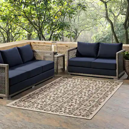 Front. Modway - Ariana Vintage Floral Trellis Indoor and Outdoor Area Rug - Light and Dark Beige.
