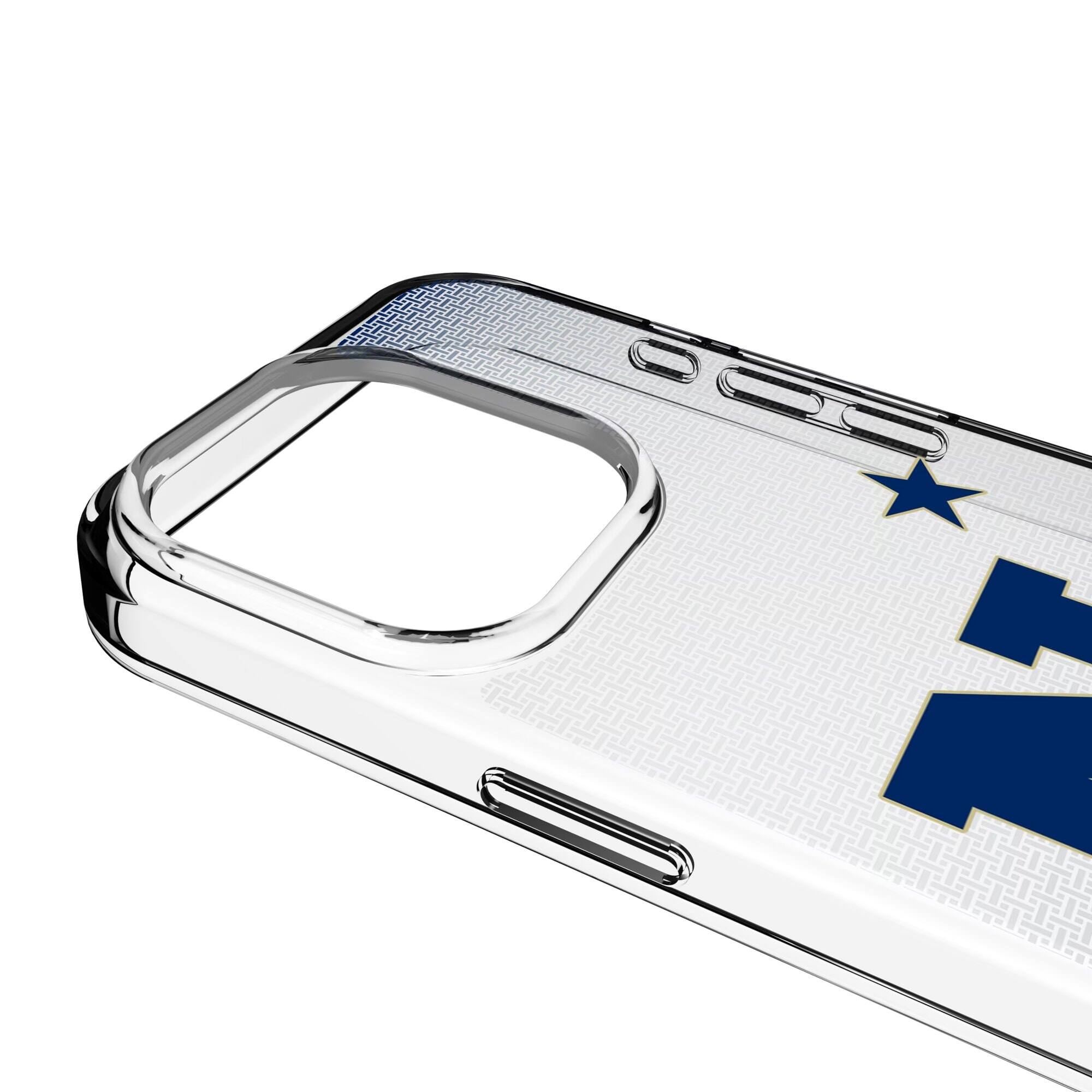 Alt View 2. Keyscaper - Navy Midshipmen Linen Logo iPhone Clear Case - 14 Plus - Multicolor.