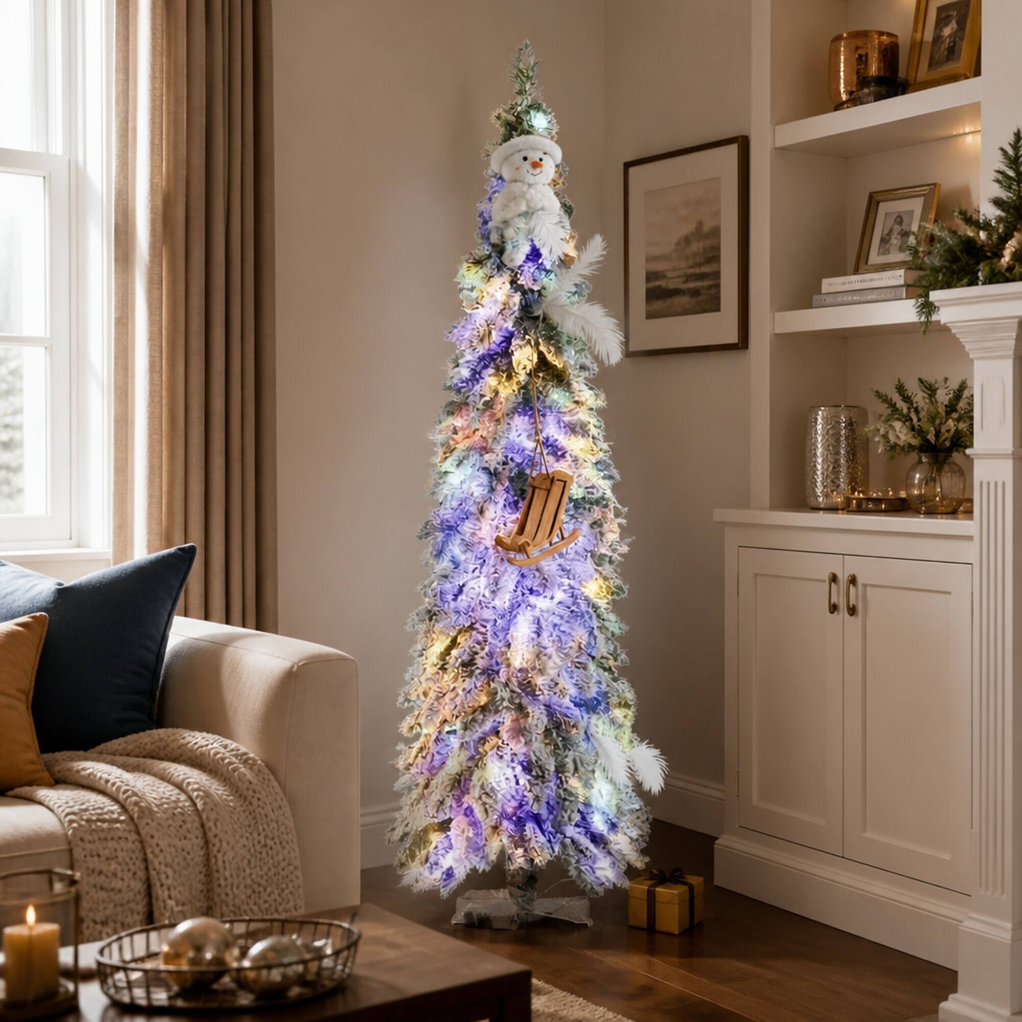 Left. RYHNUYNE - Pre-Lit Slim Flocked Christmas Tree With Warm White or Colorful LED Lights and Snow Frosted Branches - Green.