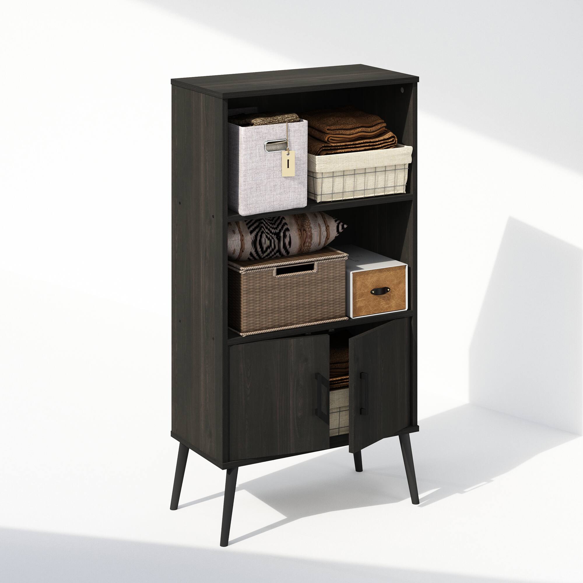 Alt View 3. Furinno - Furinno Mid-Century Open Display Shelves & Storage Cabinet with Wooden Legs, Espresso - Espresso.