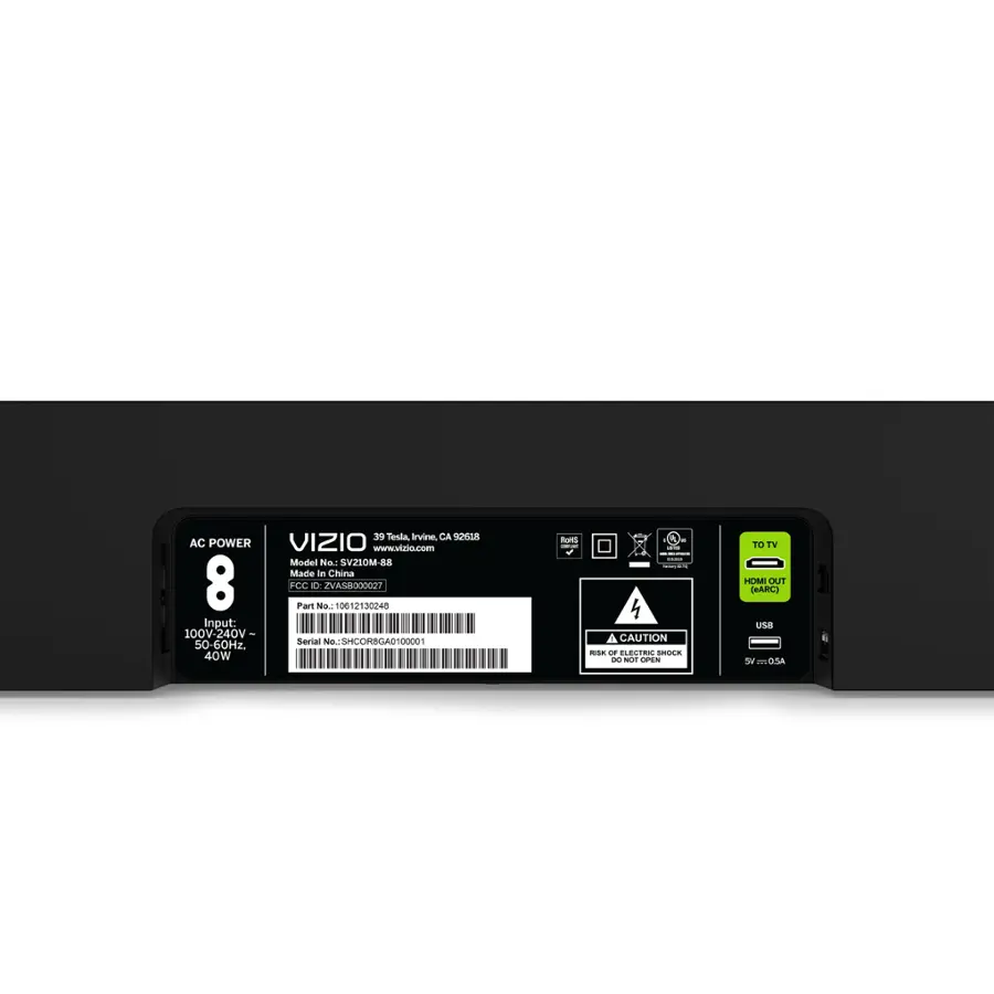 The text on the image reads: "39 Tesla Irvine CA 92618 AC POWER VIZIO www.vizio.com Model No: SV21OM-88 Made in China 8 FCC Part 0 No. ZVA58000027 0612130248 Input: 100V-240V - Serial NO.SHCORSGAS10000 50-60Hz. 40W das I CAUTION nn  ELECTRO SIRdAn D d OPEN TO TV HEME PUO RARC) USB So m OSA."