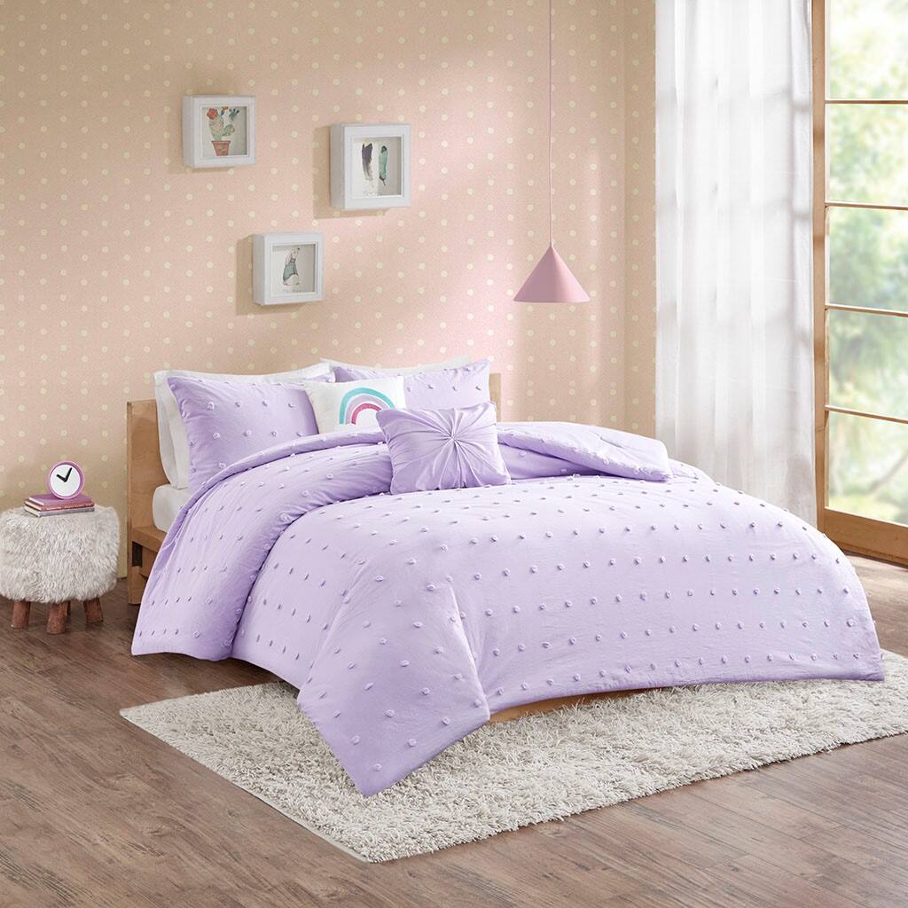 Alt View 1. Gracie Mills - Gracie Mills Caius Playful Elegance Cotton Jacquard Pom Pom Comforter Collection - Lavender.