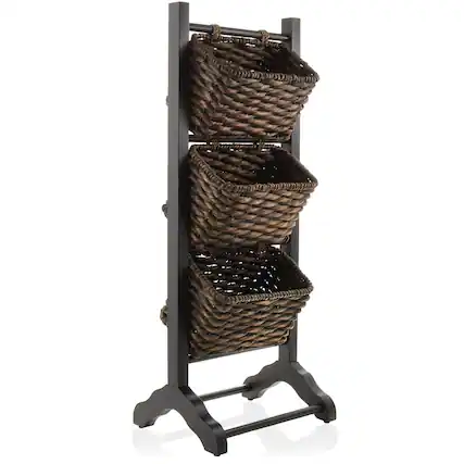 Front. Casafield - 3-Tier Floor Stand with Hyacinth Storage Basket Bins - Black, Espresso.