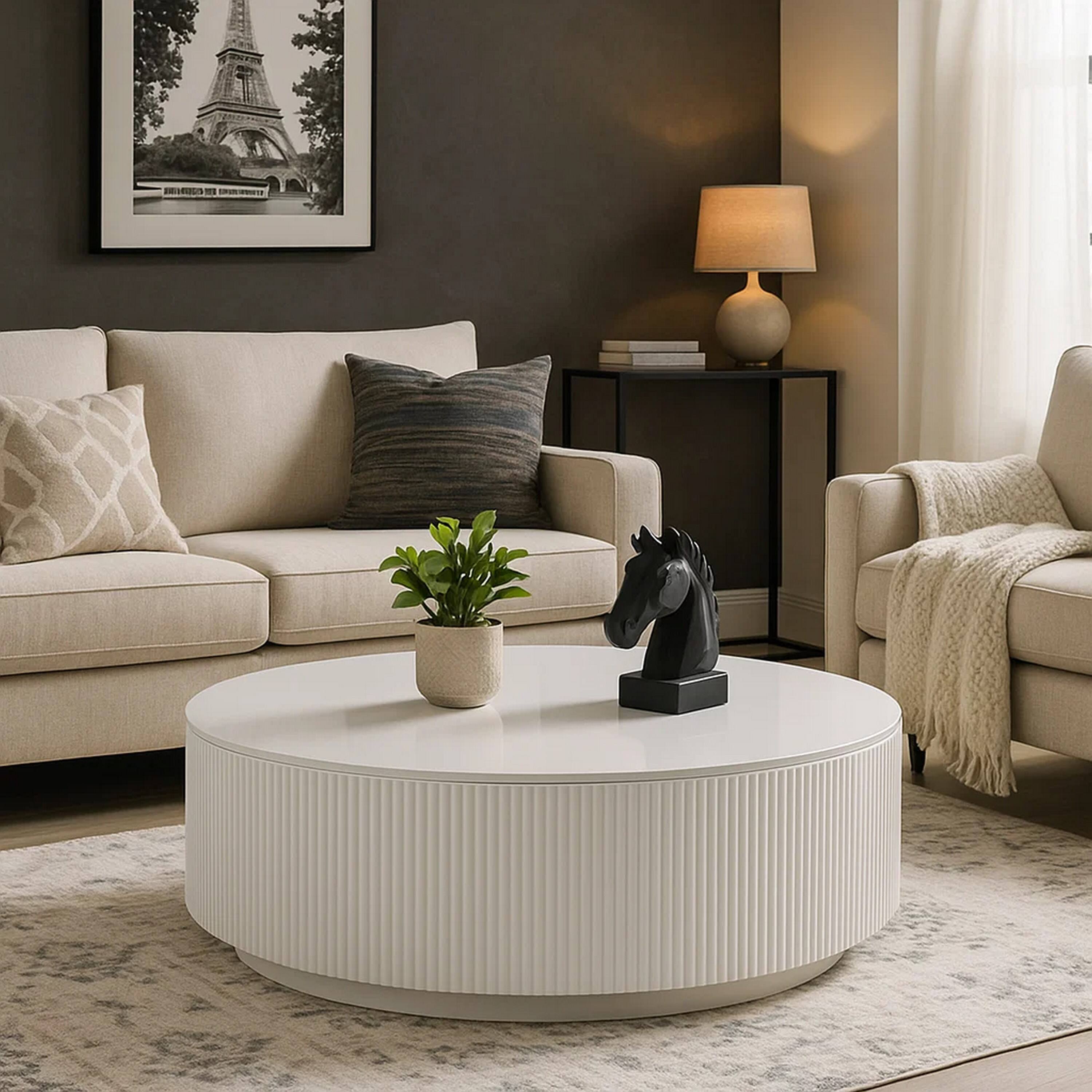 Alt View 6. Manhattan Lane - Del Modern Coffee Table, 47 Inch Round Top, Glossy White Ribbed Base - Glossy White.