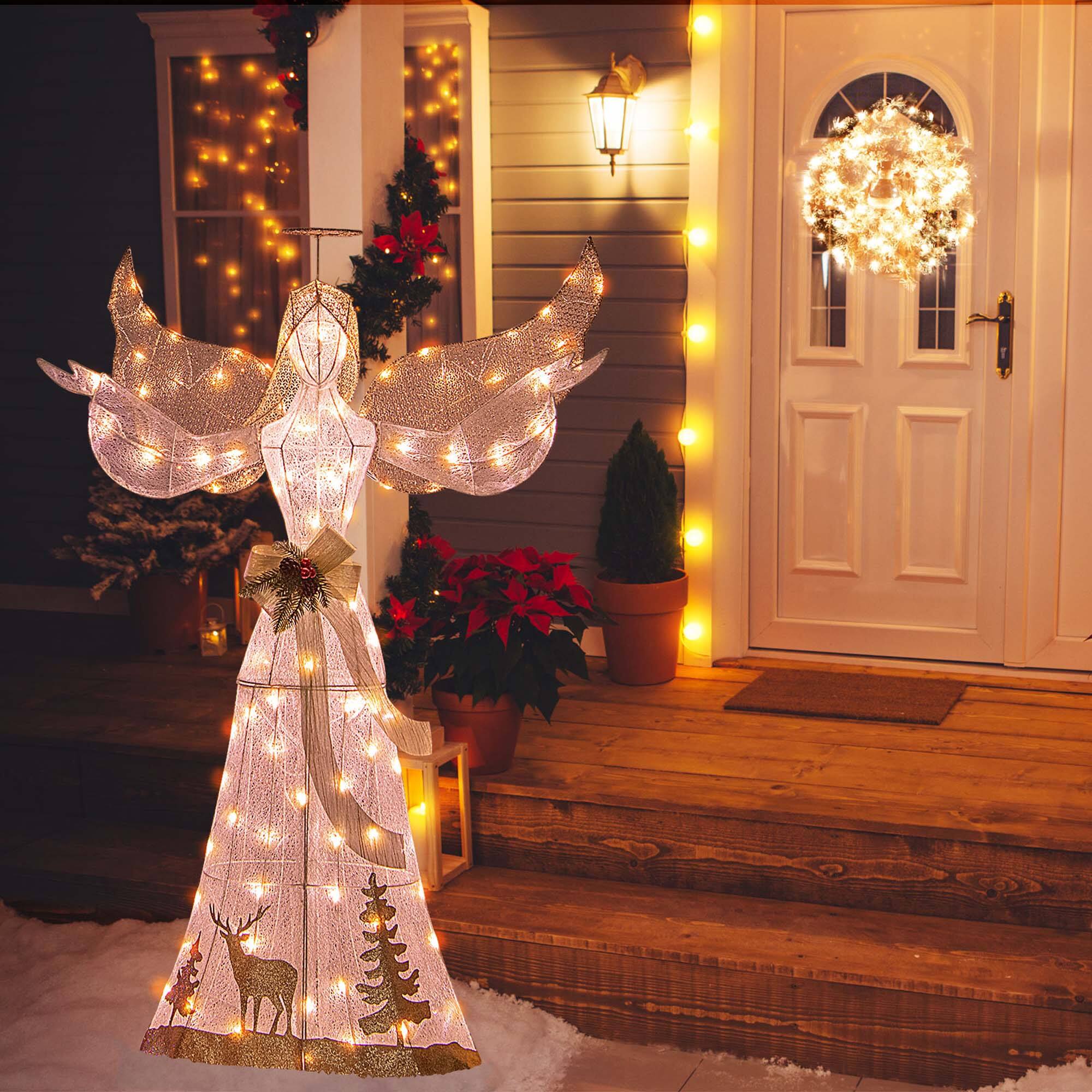 Alt View 14. Costway - 5 FT Pre-Lit Christmas Angel 3D Glittered Decoration with Halo Bow & 100 Lights - Gold/White.