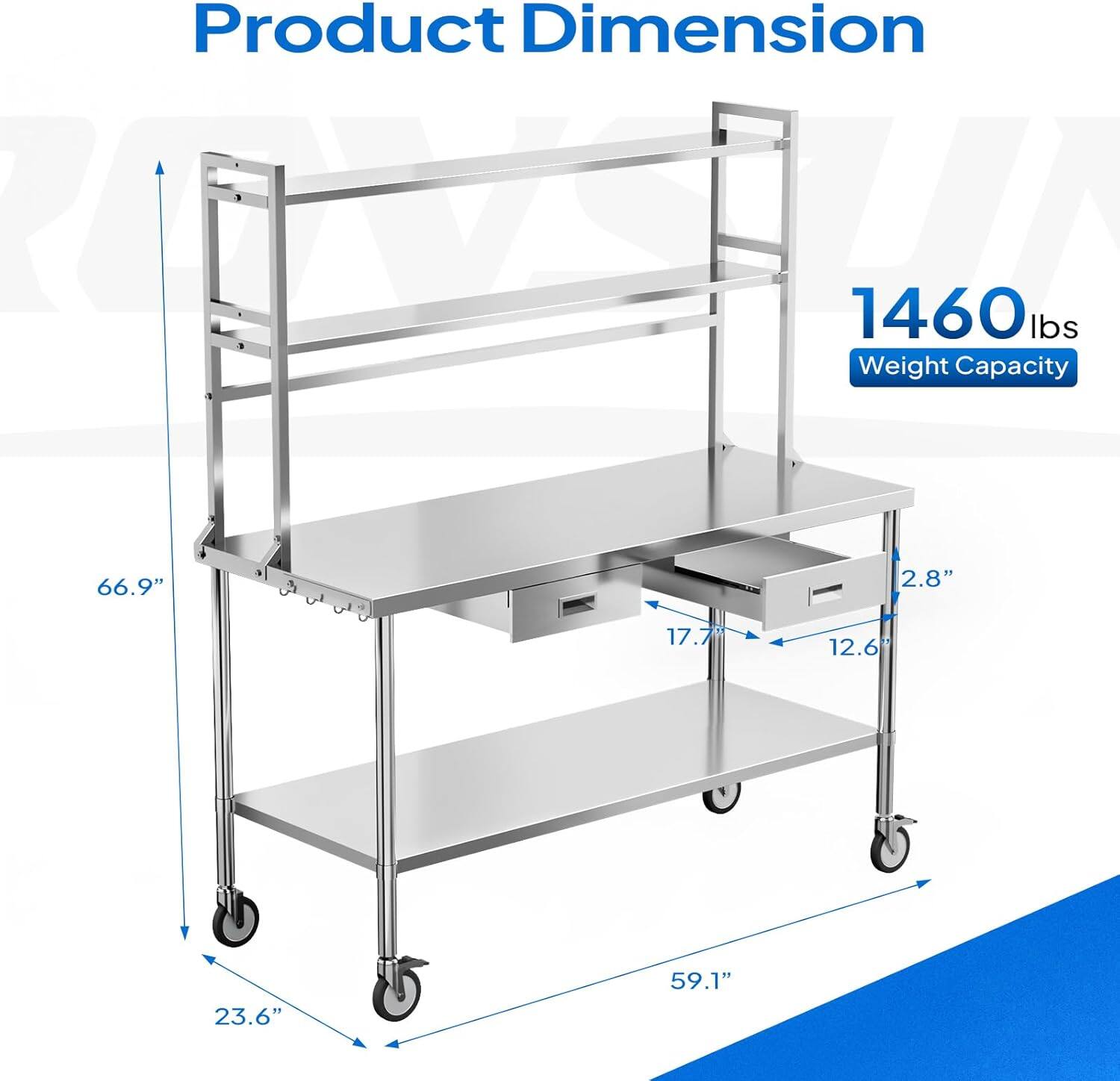 Product Dimension  
1460 lbs Weight Capacity  
66.9"  
2.8"  
17.7"  
12.6"  
23.6"  
59.1"
