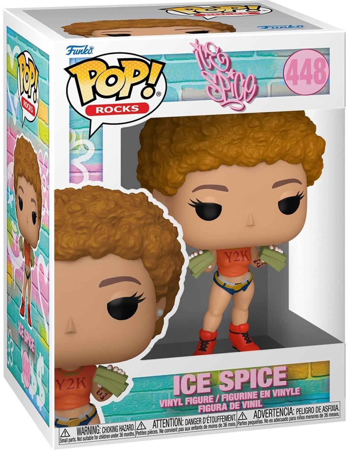 Sure, here is the corrected and grouped text from the image:

---

**Funko POP! ROCKS**

**448**

**ICE SPICE**

**VINYL FIGURE / FIGURINE EN VINYLE / FIGURA DE VINIL**

**WARNING: CHOKING HAZARD**  
Small parts. Not suitable for children under 36 months.  
**ATTENTION: DANGER D'ÉTOUFFEMENT**  
Petites pièces. Ne convient pas aux enfants de moins de 36 mois.  
**ADVERTENCIA: PELIGRO DE ASFIXIA**  
Partes pequeñas. No es adecuado para niños menores de 36 meses.

**Y2K**

**ICE SPICE**

**Y2K**

---

This text is organized to reflect the information on the packaging, including the brand, series, figure number, name, and safety warnings.