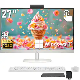 HP - 27" FHD Touch All-in-One Desktop,AMD Ryzen 5 7520U,16GB RAM,1TB SSD+160GB Dock Set,Keyboard&Mouse,Win 11 - White